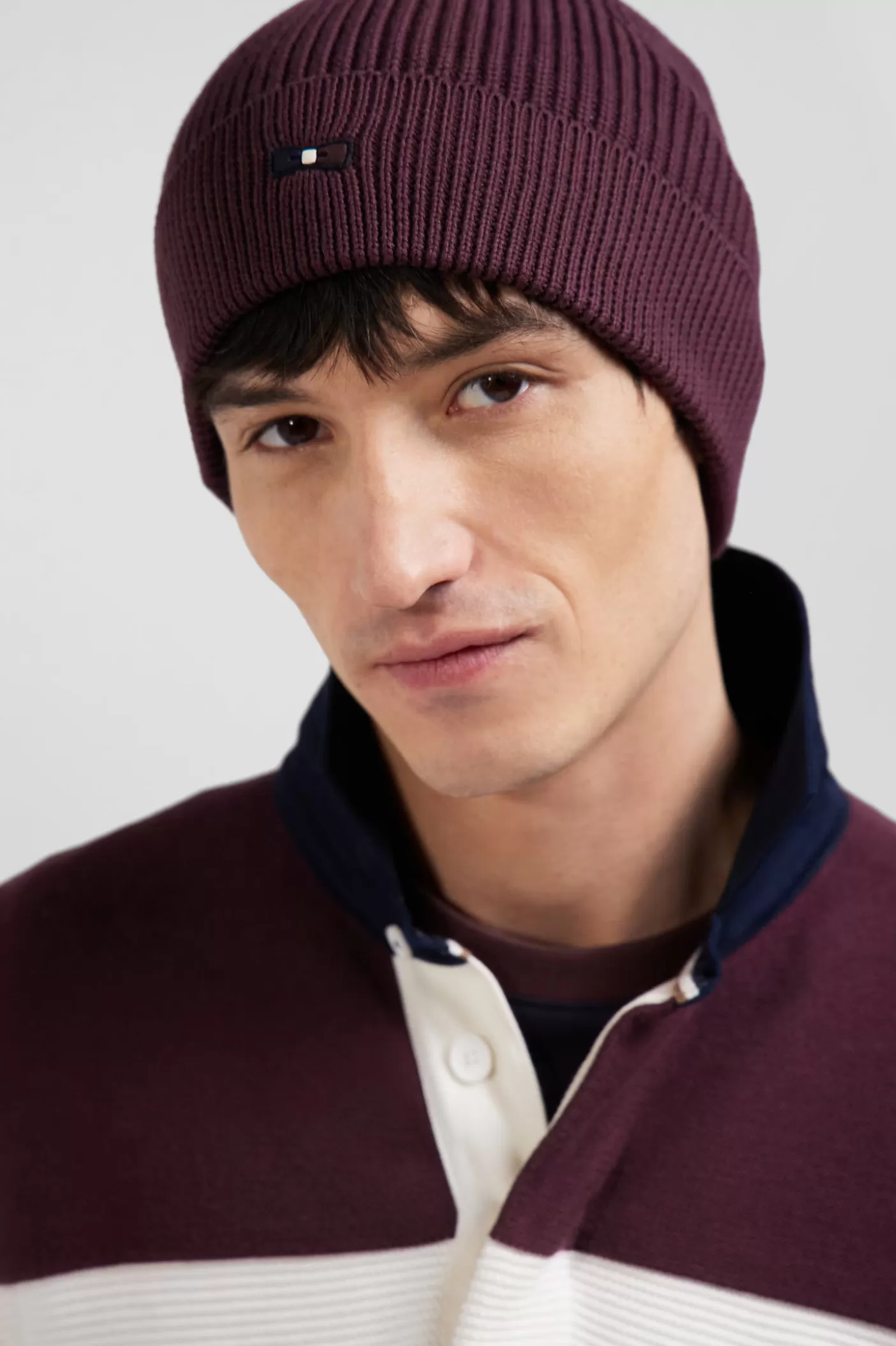 Cheap Bonnet Tricoté En Coton Bordeaux Détails Tricolores Homme Bonnets
