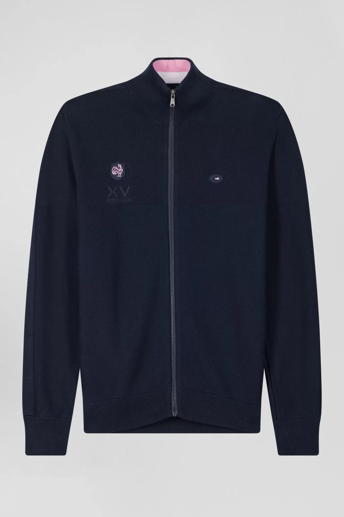Cheap Cardigan Zippé En Coton Bleu Marine Coupe Regular Badge Gomme Détails XV De France Tricolore Homme Cardigans