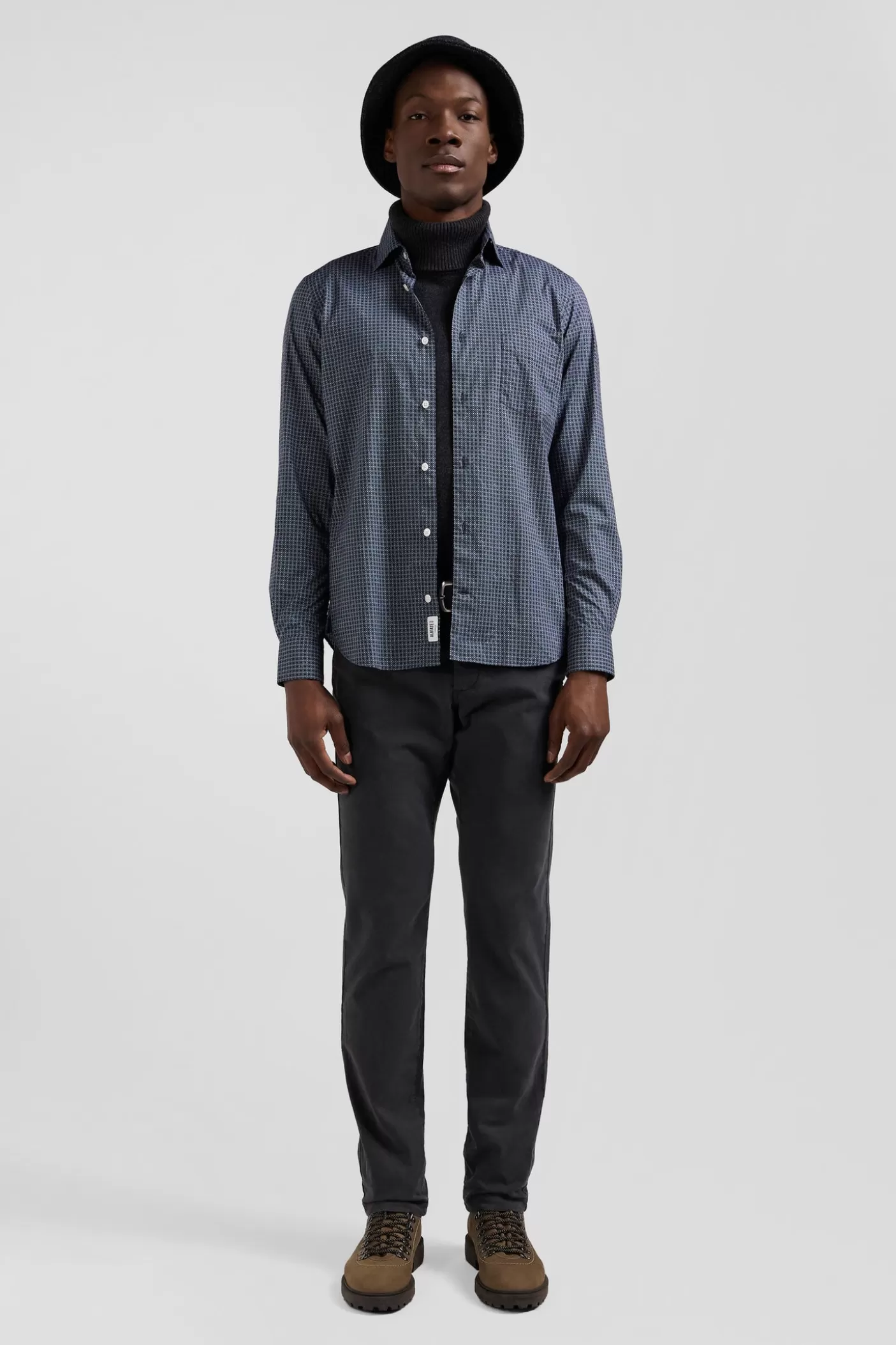 Sale Chemise En Coton à Micro-carreaux Bleu Marine Coupe Slim Homme Chemises