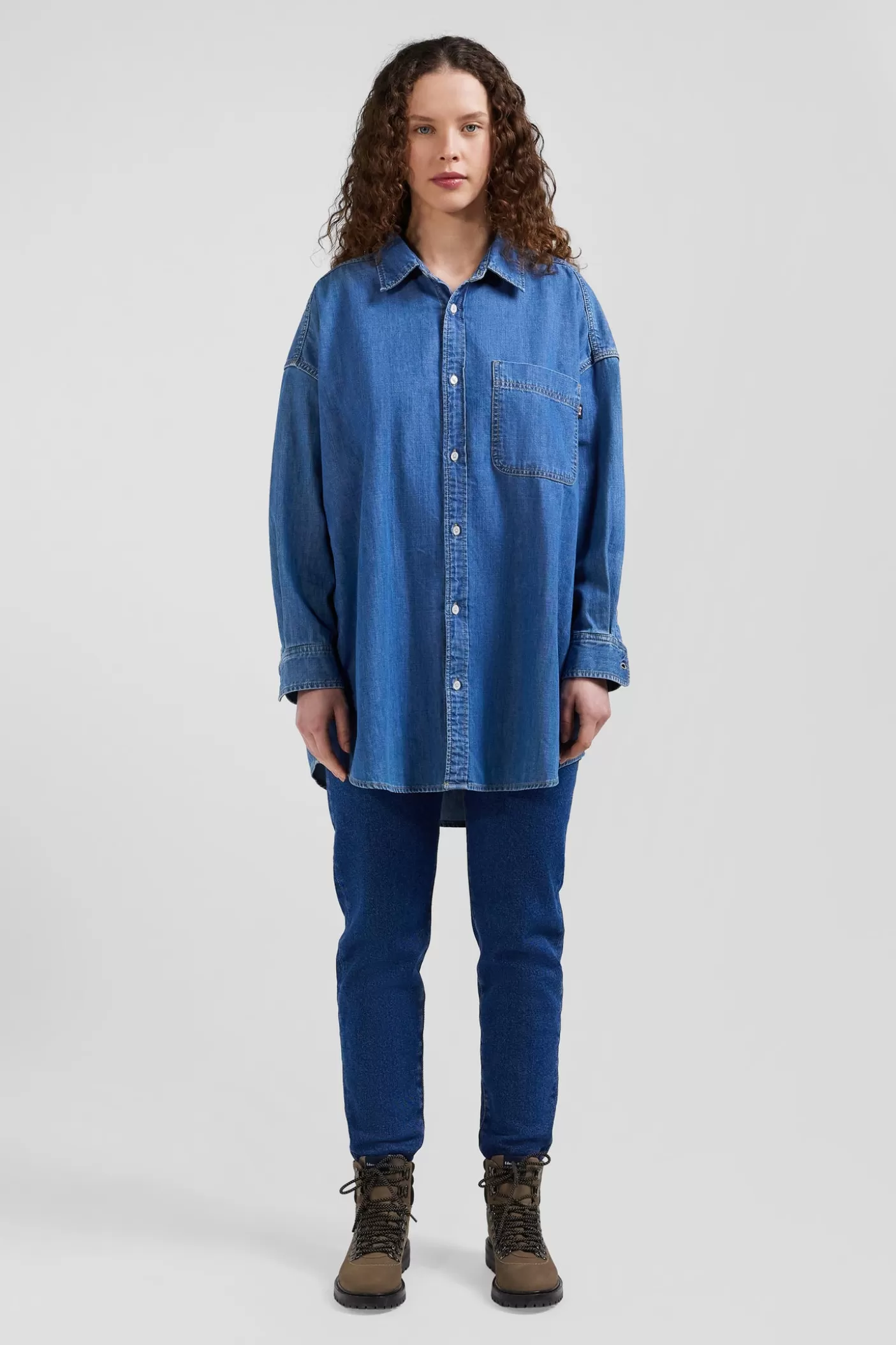 Best Sale Chemise En Coton Ciel à Poche Plaquée Coupe Oversize Femme Chemises