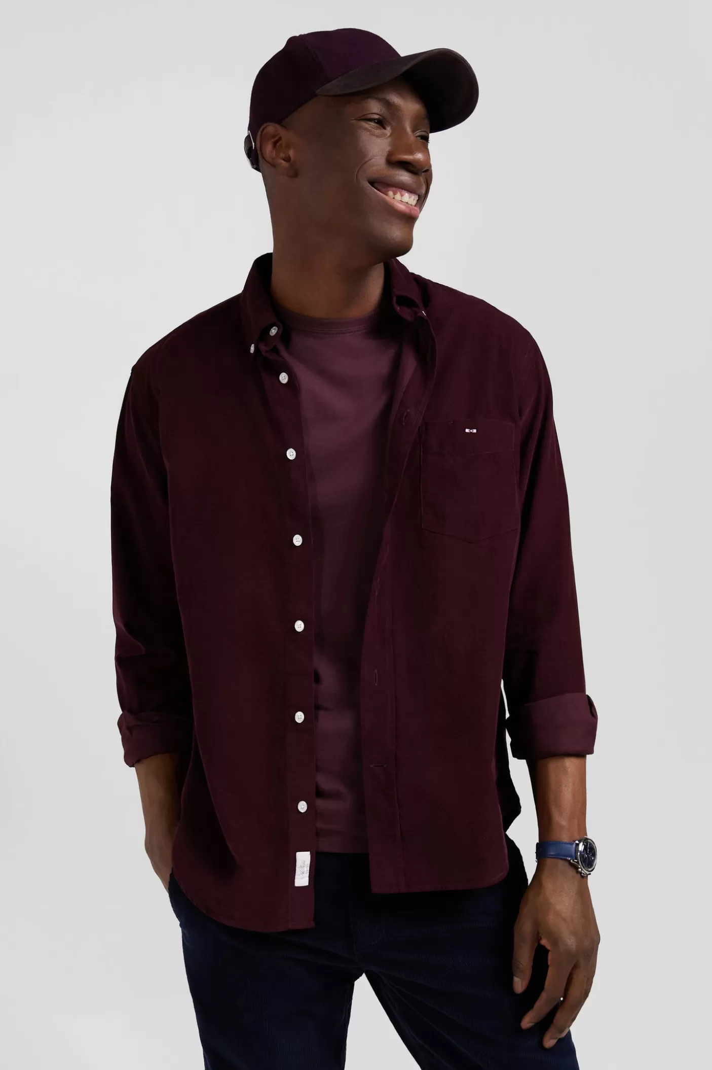 New Chemise En Coton Uni Bordeaux Col Boutonné Et Poche Poitrine Coupe Regular Homme Chemises