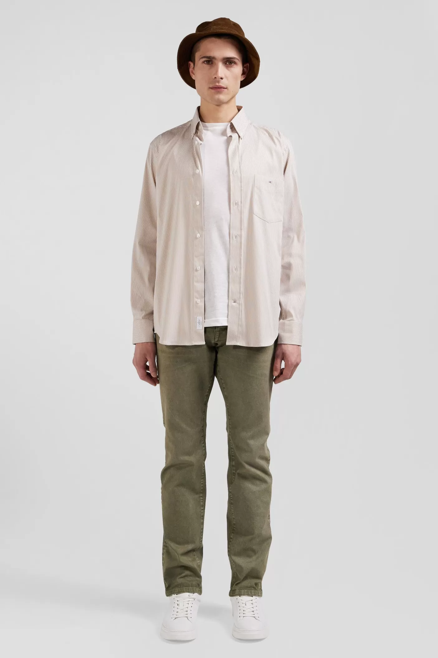 Best Sale Chemise En Popeline De Coton Beige à Rayures Bâton Coupe Regular Homme Chemises