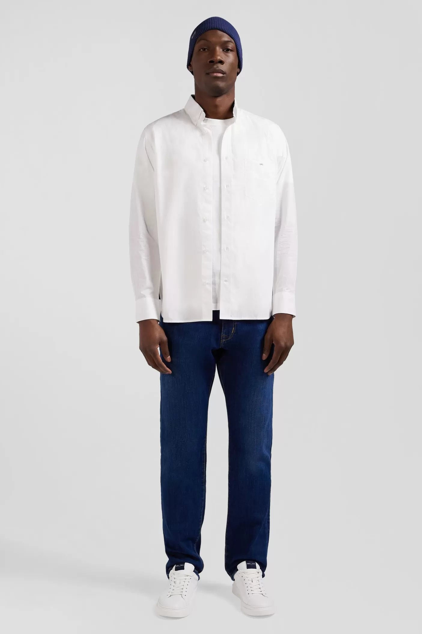 New Chemise En Popeline De Coton Blanche Col Boutonné Et Coudières Imprimées Coupe Regular Homme Chemises