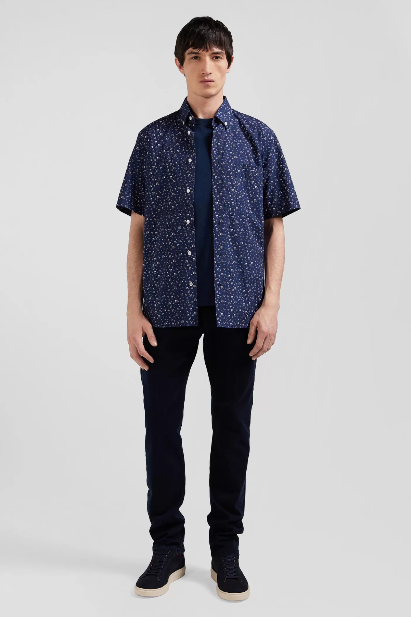 Cheap Chemise Manches Courtes En Coton Marine Microimprimé Fleurs Coupe Regular Homme Chemisettes