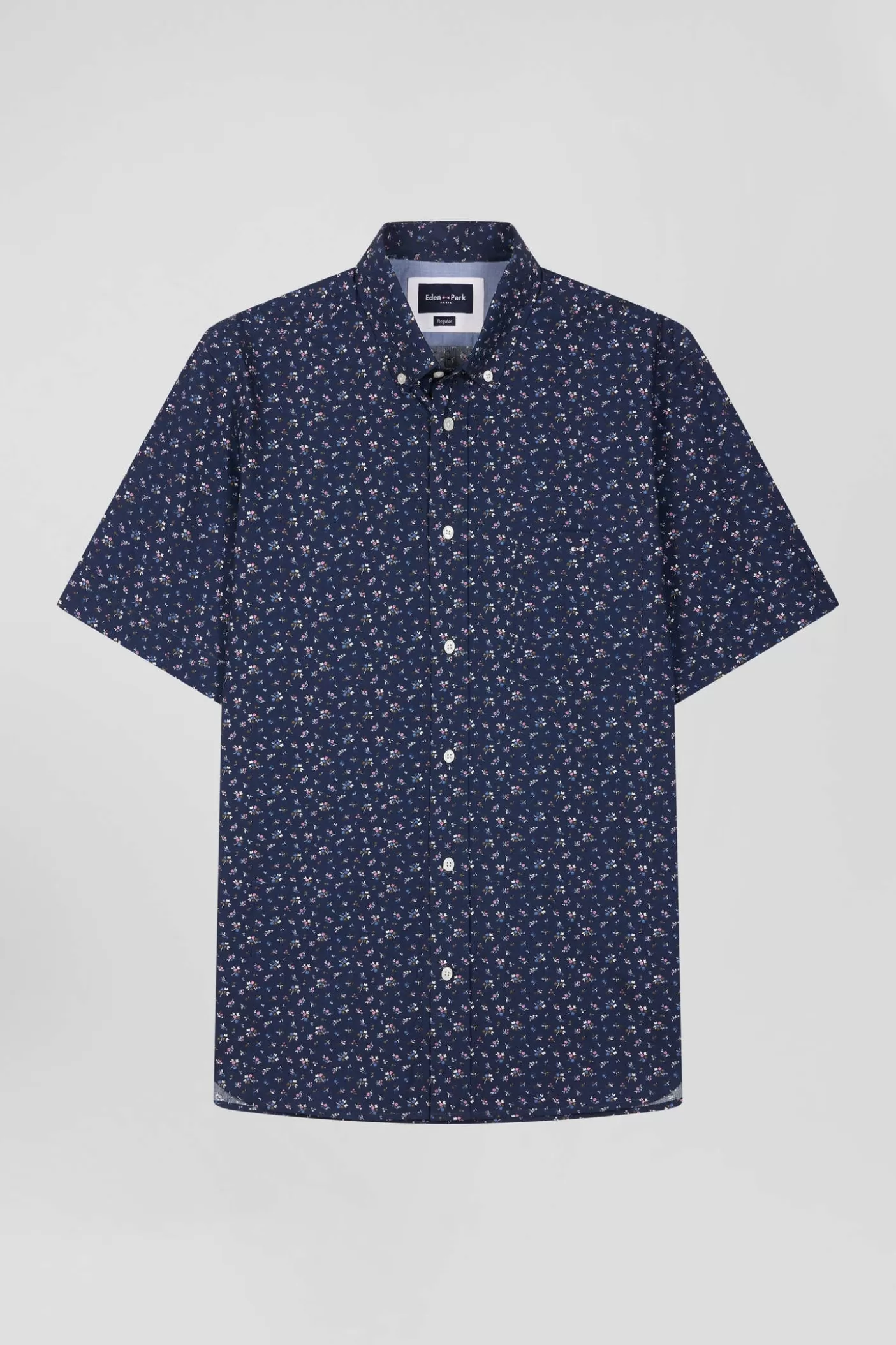 Cheap Chemise Manches Courtes En Coton Marine Microimprimé Fleurs Coupe Regular Homme Chemisettes