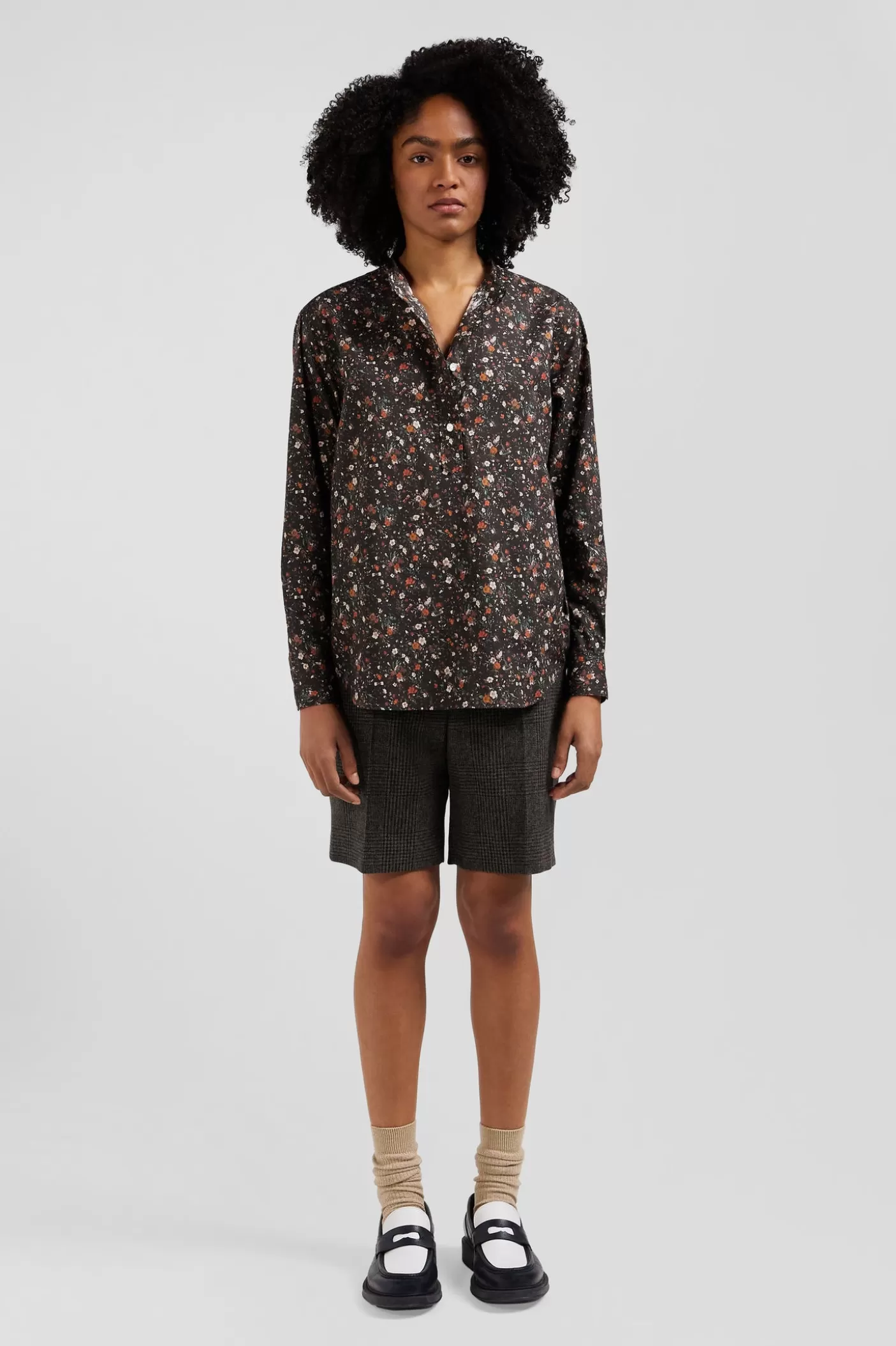 Shop Chemise Sans Col En Popeline De Coton Noir Microimprimé Floral Coupe Regular Femme Chemises