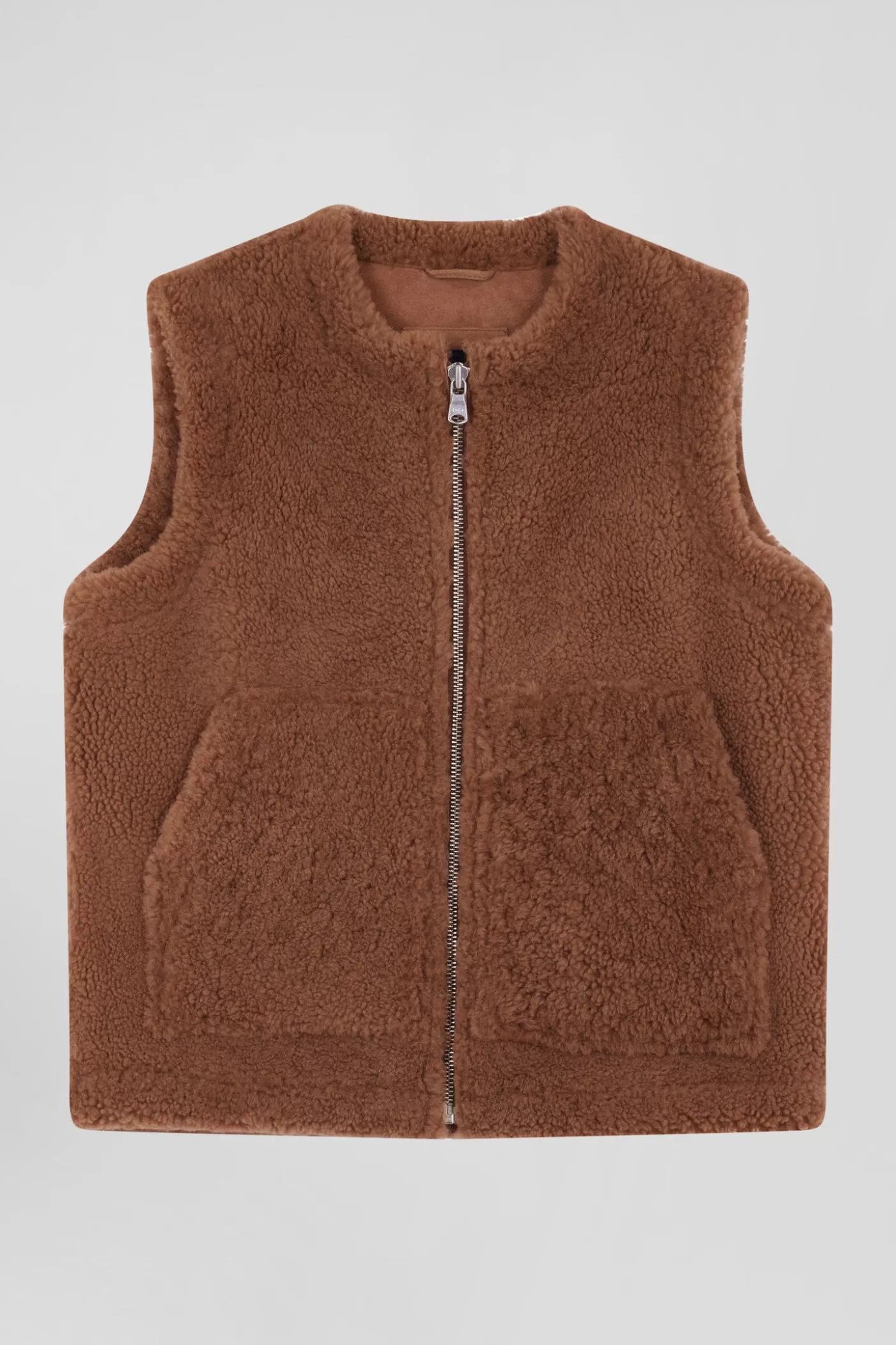 Cheap Gilet Sans Manches Zippé En Peau Retournée Camel Coupe Relaxed Femme Manteaux Et Vestes
