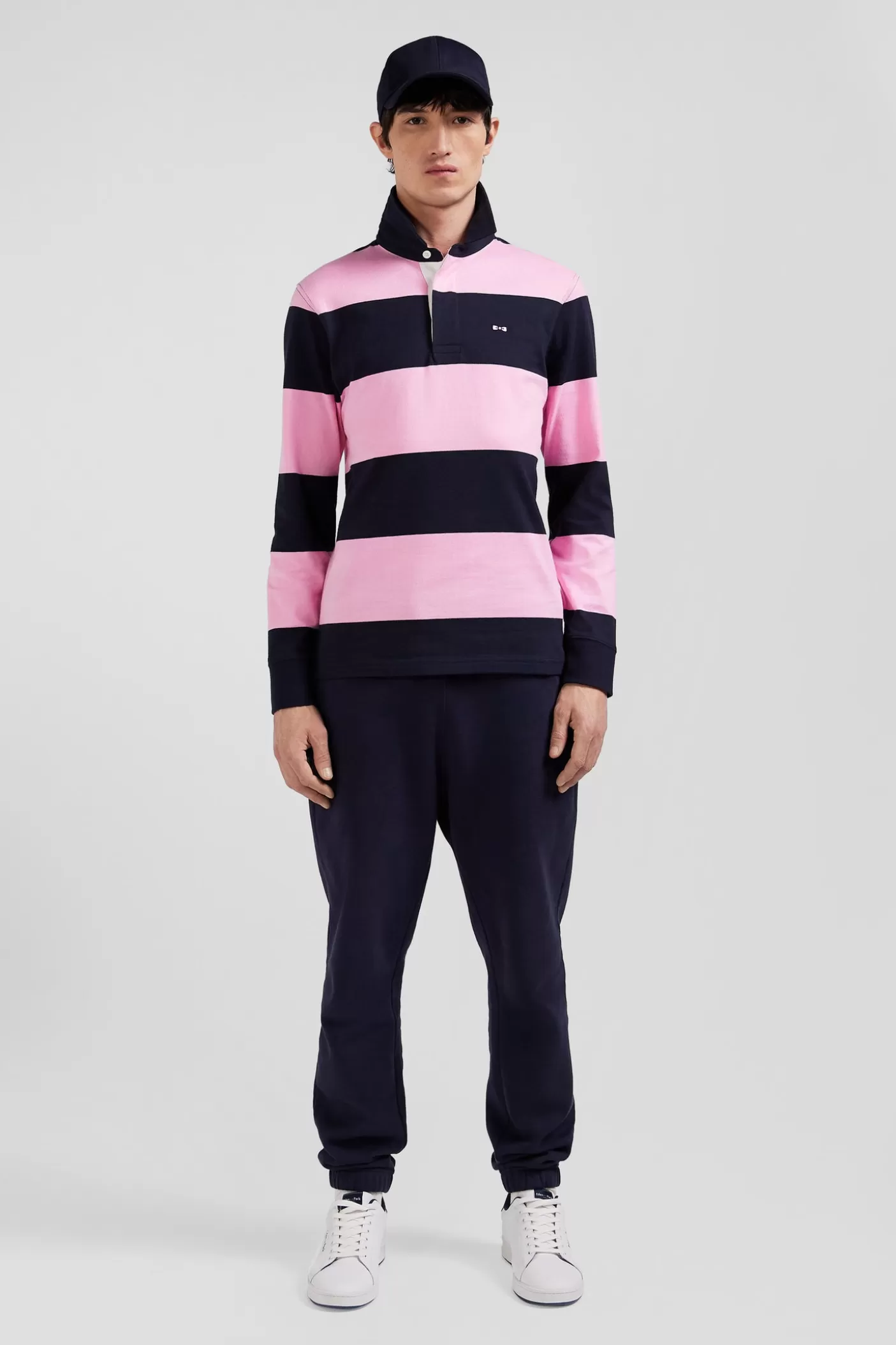 Cheap Maillot Manches Longues Cerclé En Coton Bleu Marine Et Rose Coupe Regular Homme Maillots De Rugby
