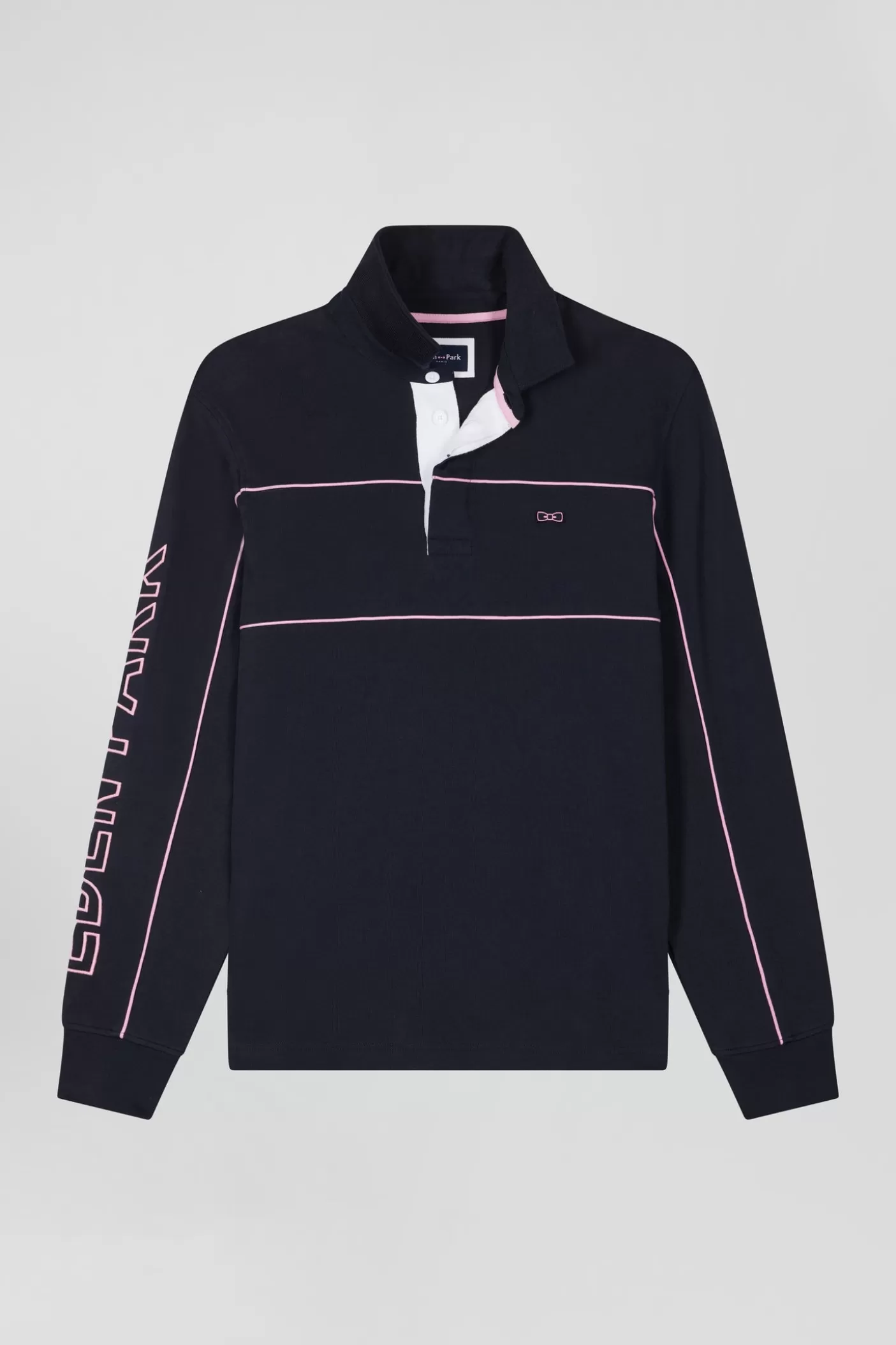 Best Maillot Manches Longues En Coton Bleu Marine Passepoil Rose Broderie Coupe Regular Homme Maillots De Rugby