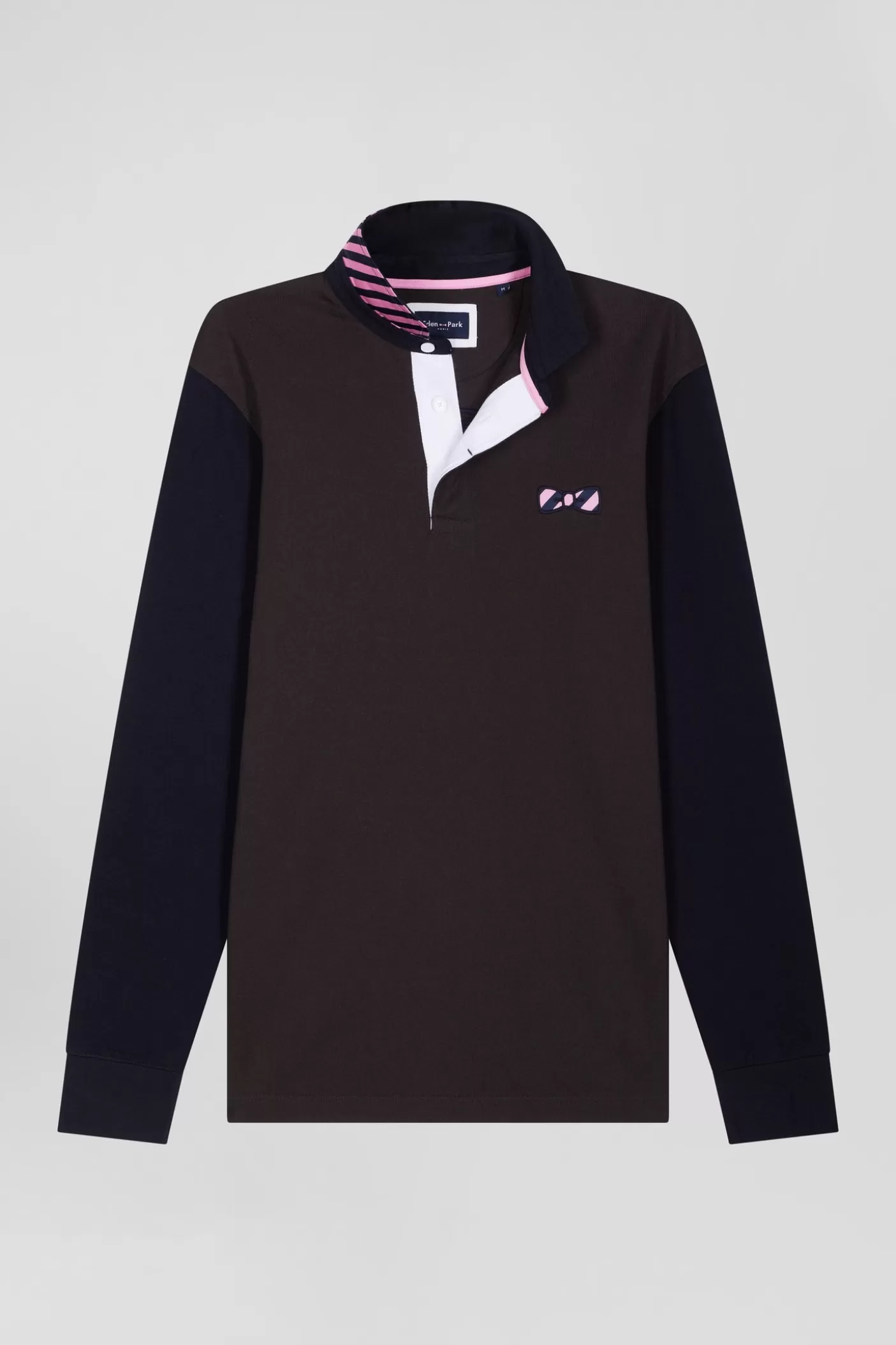 Best Sale Maillot Manches Longues En Coton Marron Applications De Tissu Cravate Cerclé Coupe Regular Homme Maillots De Rugby