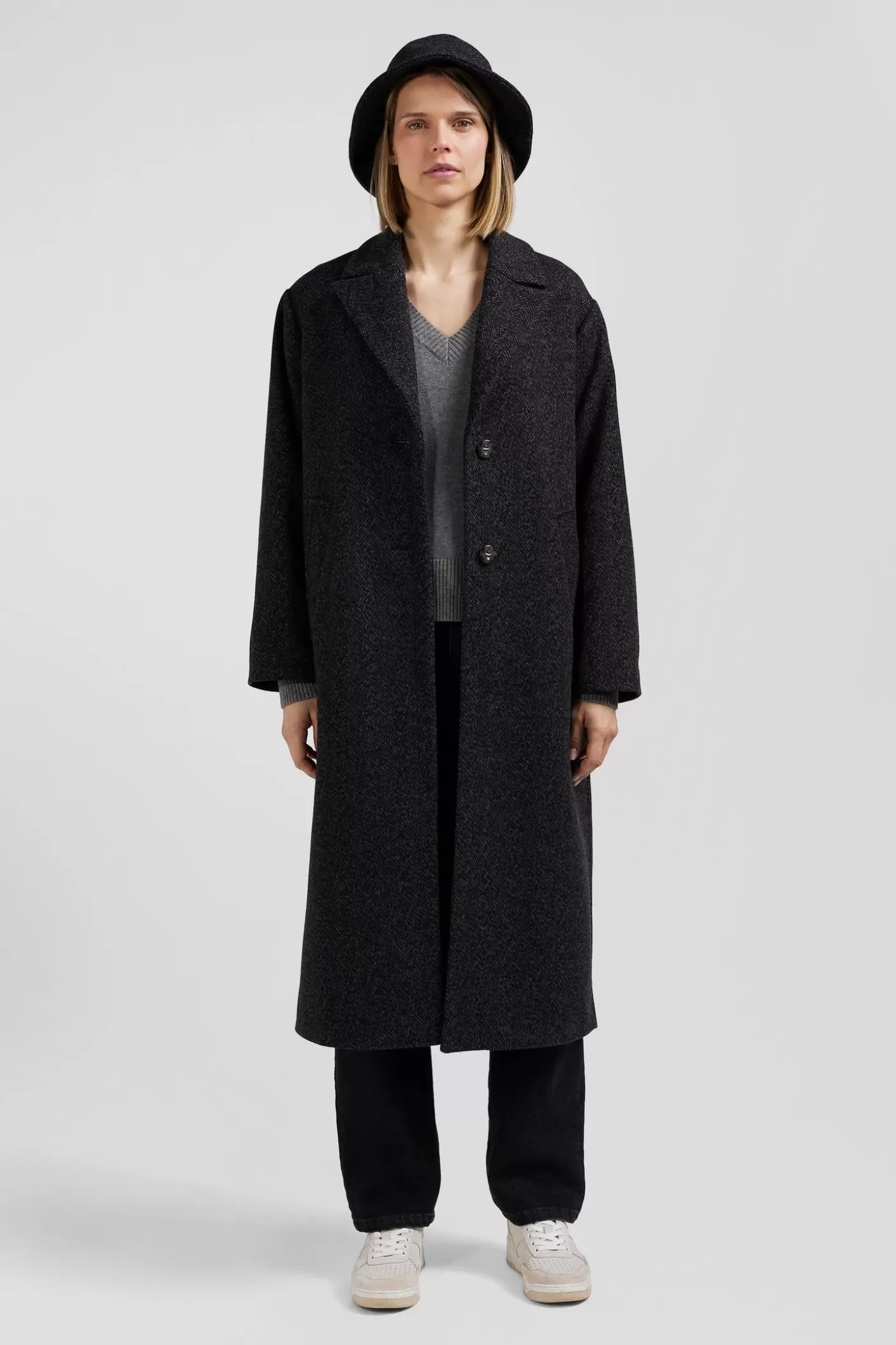 Fashion Manteau En Drap De Laine Mélangée Gris Anthracite Coupe Regular Femme Manteaux Et Vestes