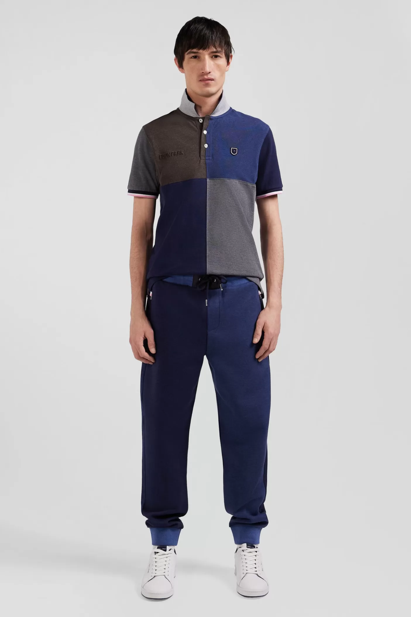 Online Pantalon Jogging En Coton Mélangé Bicolore Bleu Marine Coupe Regular Homme Pantalons
