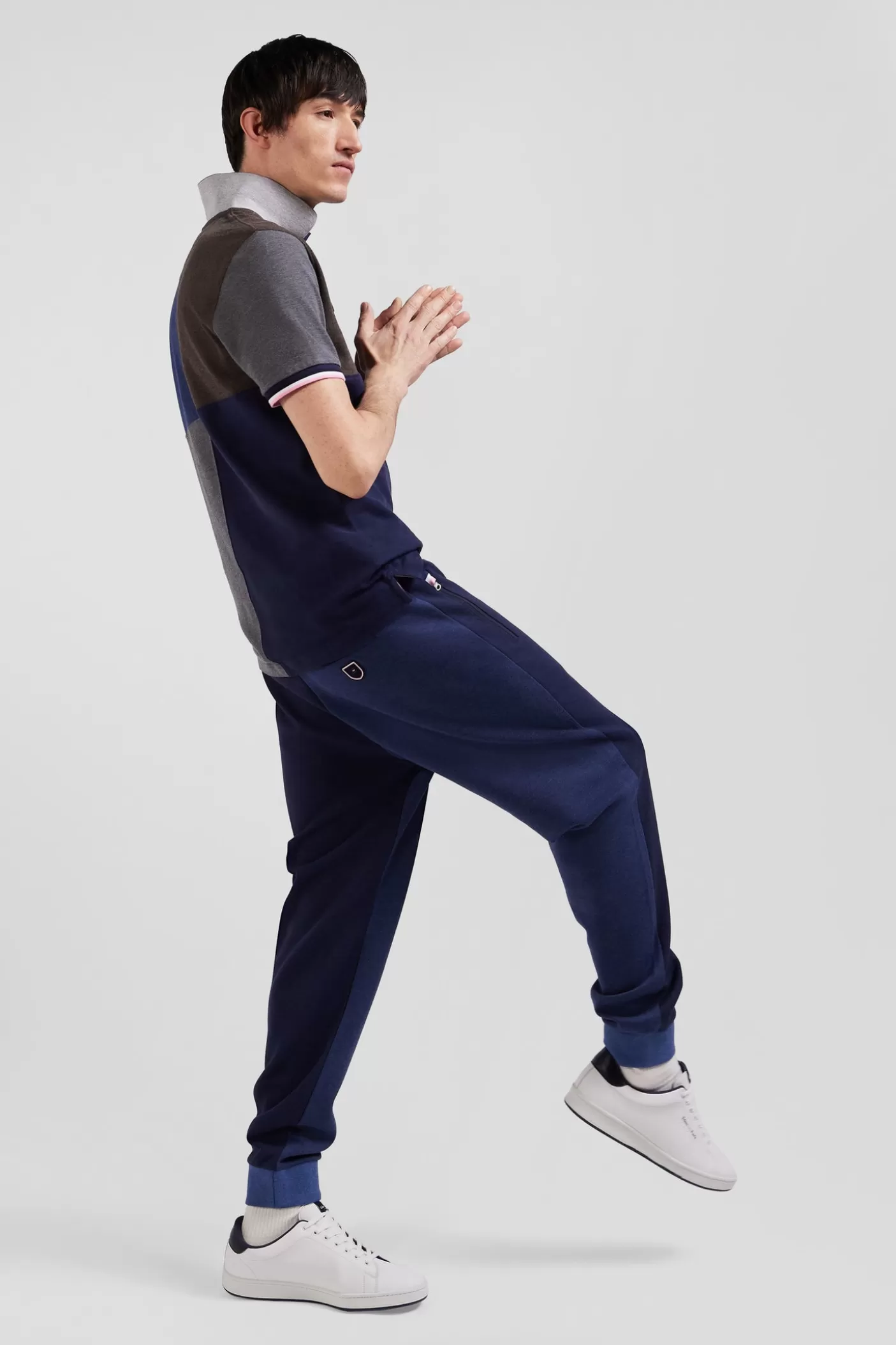 Online Pantalon Jogging En Coton Mélangé Bicolore Bleu Marine Coupe Regular Homme Pantalons