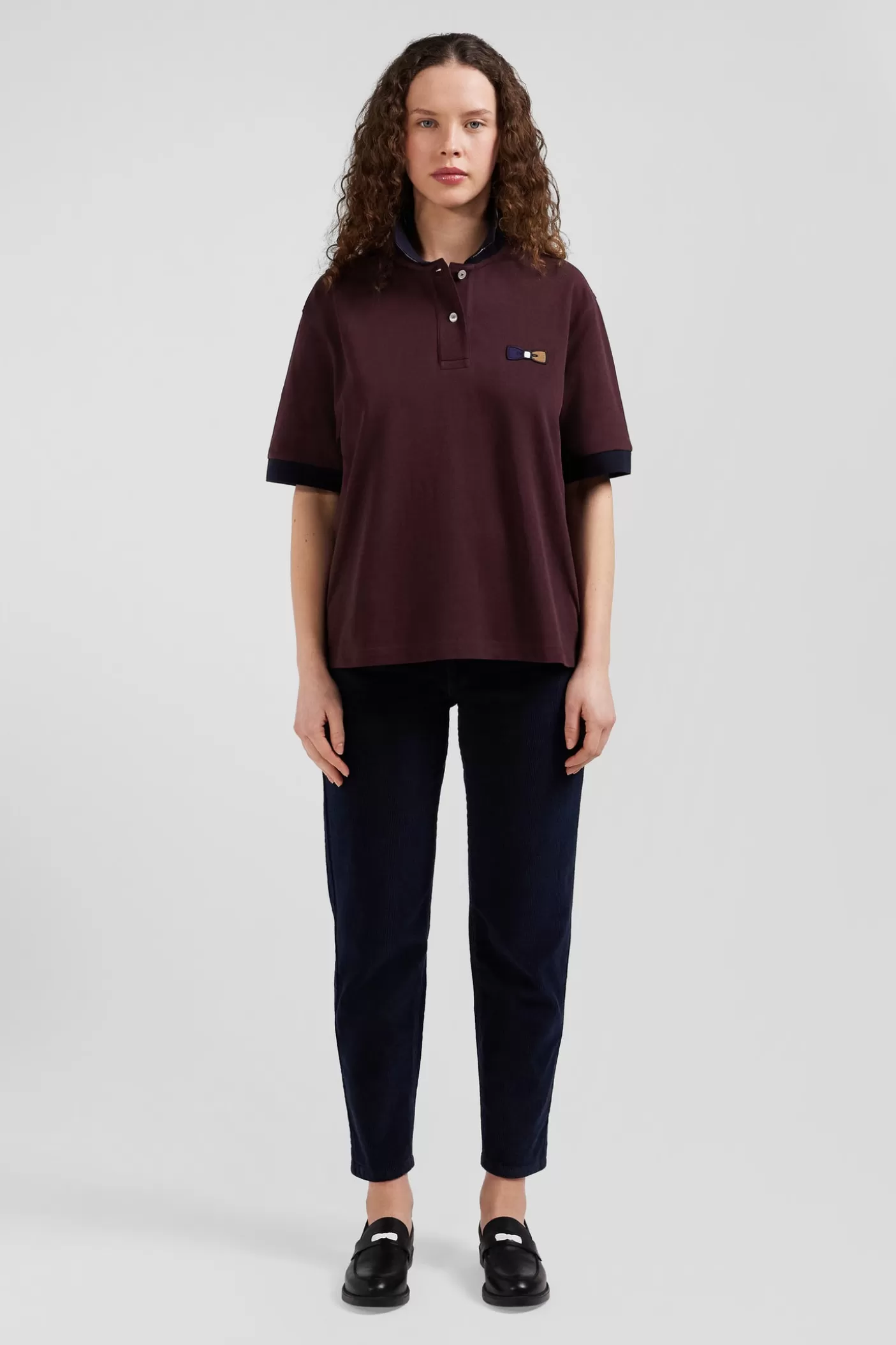 Best Sale Polo Manches Courtes En Piqué Coton Bordeaux Col Tricolore Coupe Oversized Femme Polos