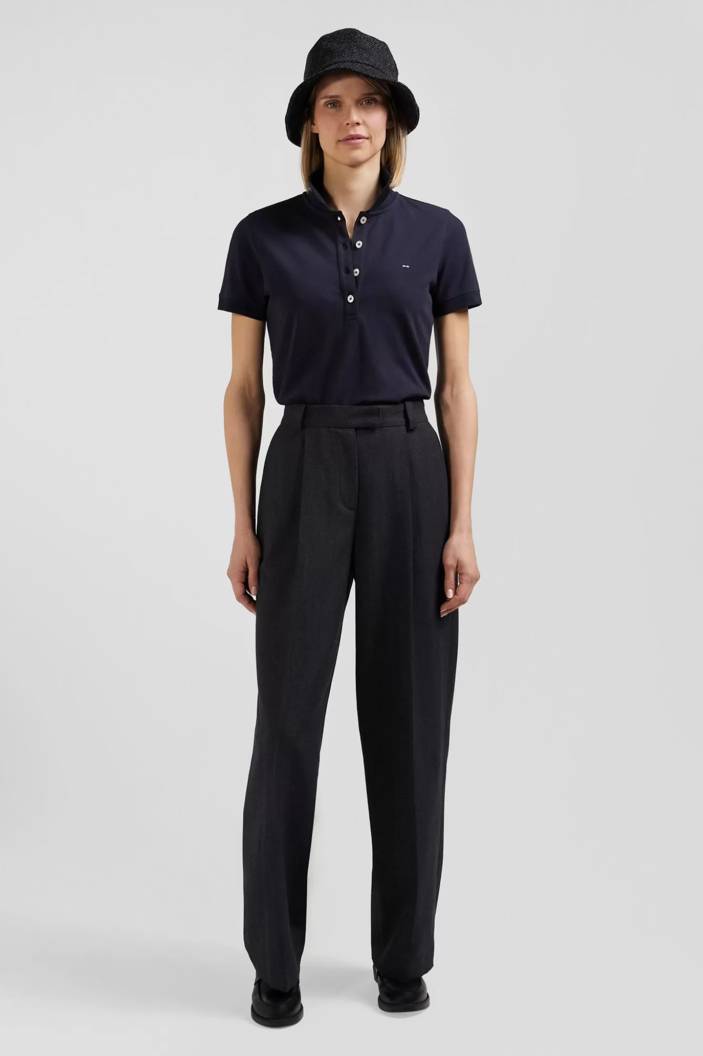 Shop Polo Manches Courtes Uni En Coton Stretch Bleu Marine Coupe Slim Femme Polos