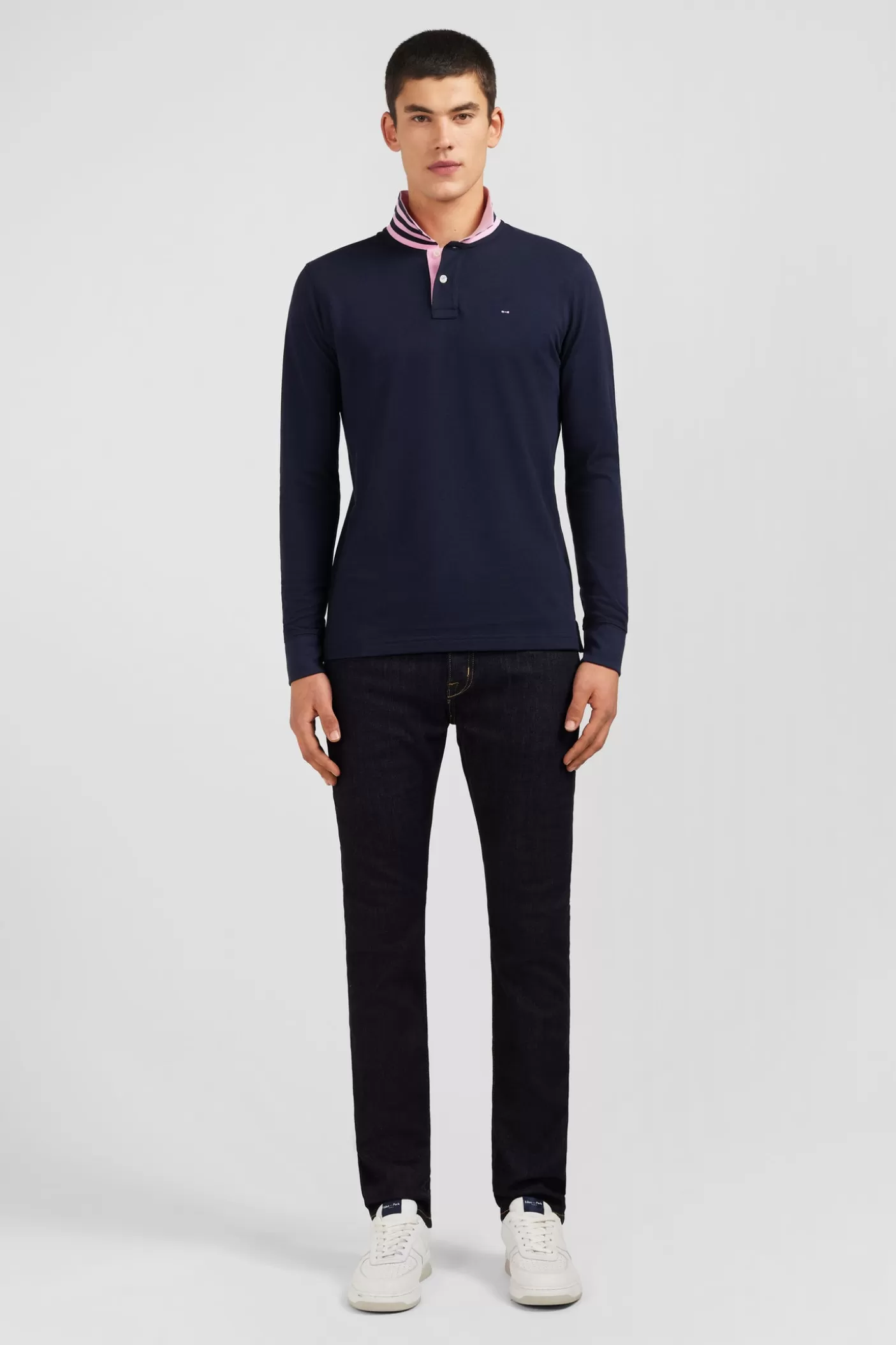 Best Sale Polo Manches Longues Bleu Marine En Coton Avec Col Contrasté Homme Polos