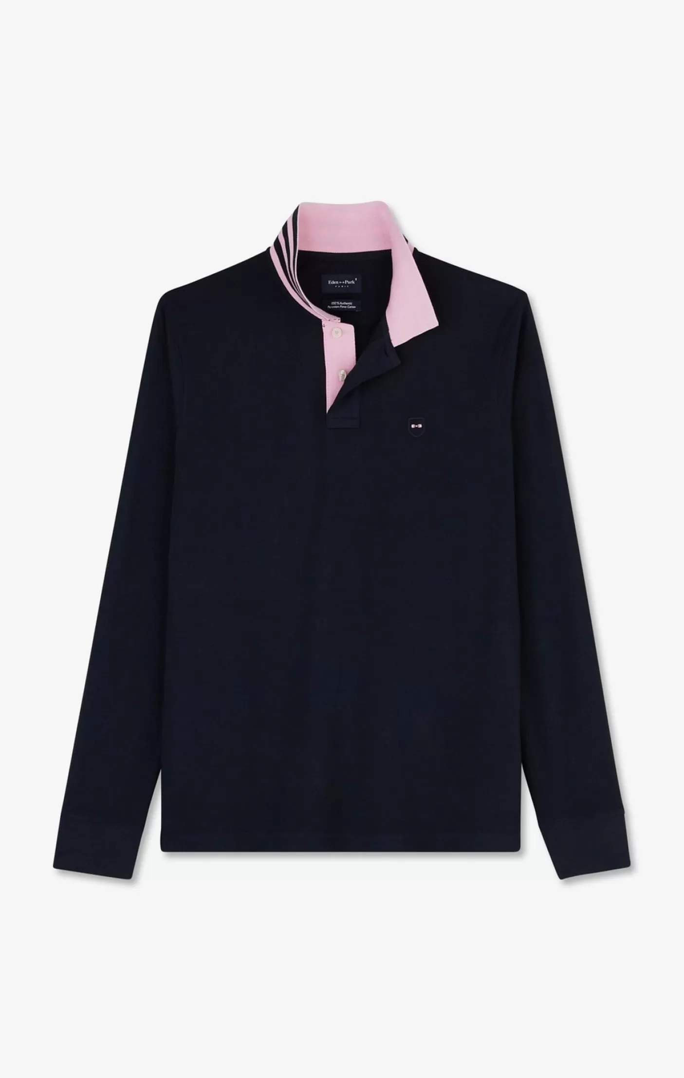 Best Sale Polo Manches Longues Bleu Marine En Coton Avec Col Contrasté Homme Polos