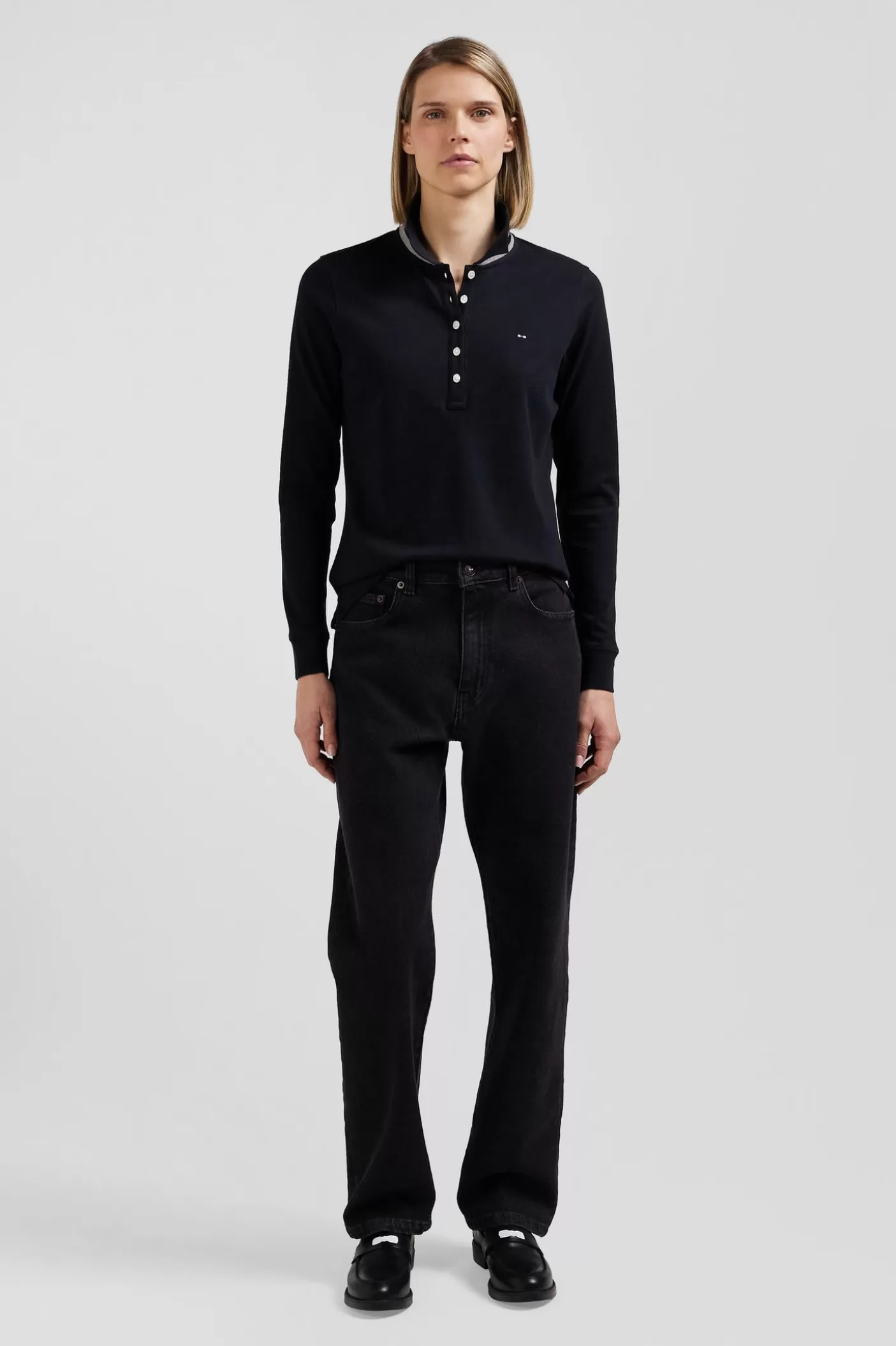 Best Sale Polo Manches Longues En Coton Stretch Col Cerclé Noir Coupe Slim Femme Polos