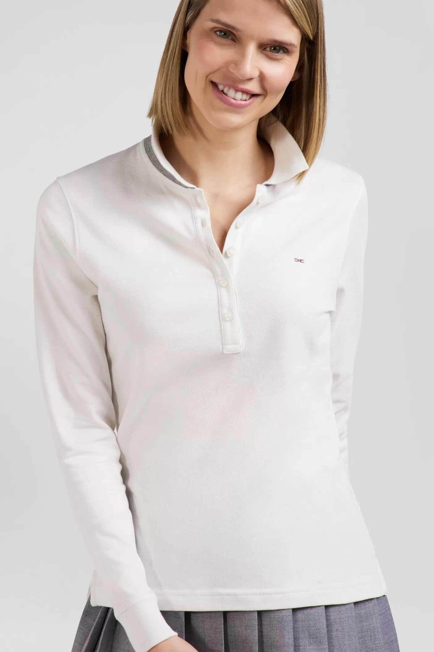 Clearance Polo Manches Longues En Coton Stretch écru Col Cerclé Coupe Slim Femme Polos