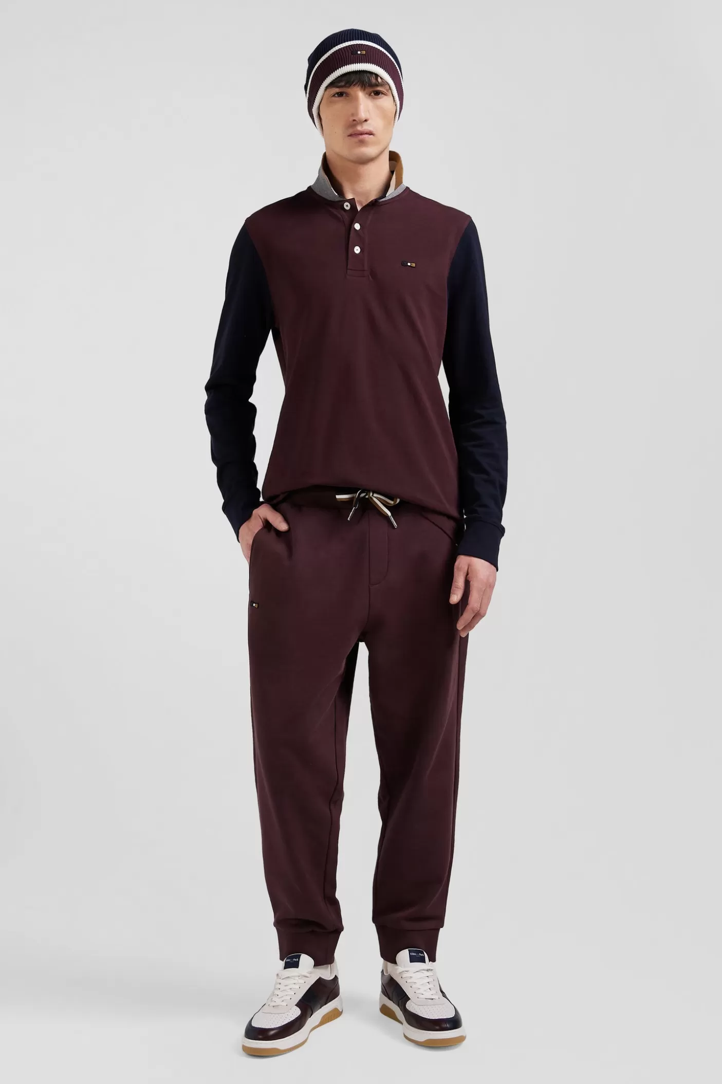 Best Sale Polo Manches Longues En Piqué Coton Bicolore Bordeaux Col Jacquard Coupe Regular Homme Polos