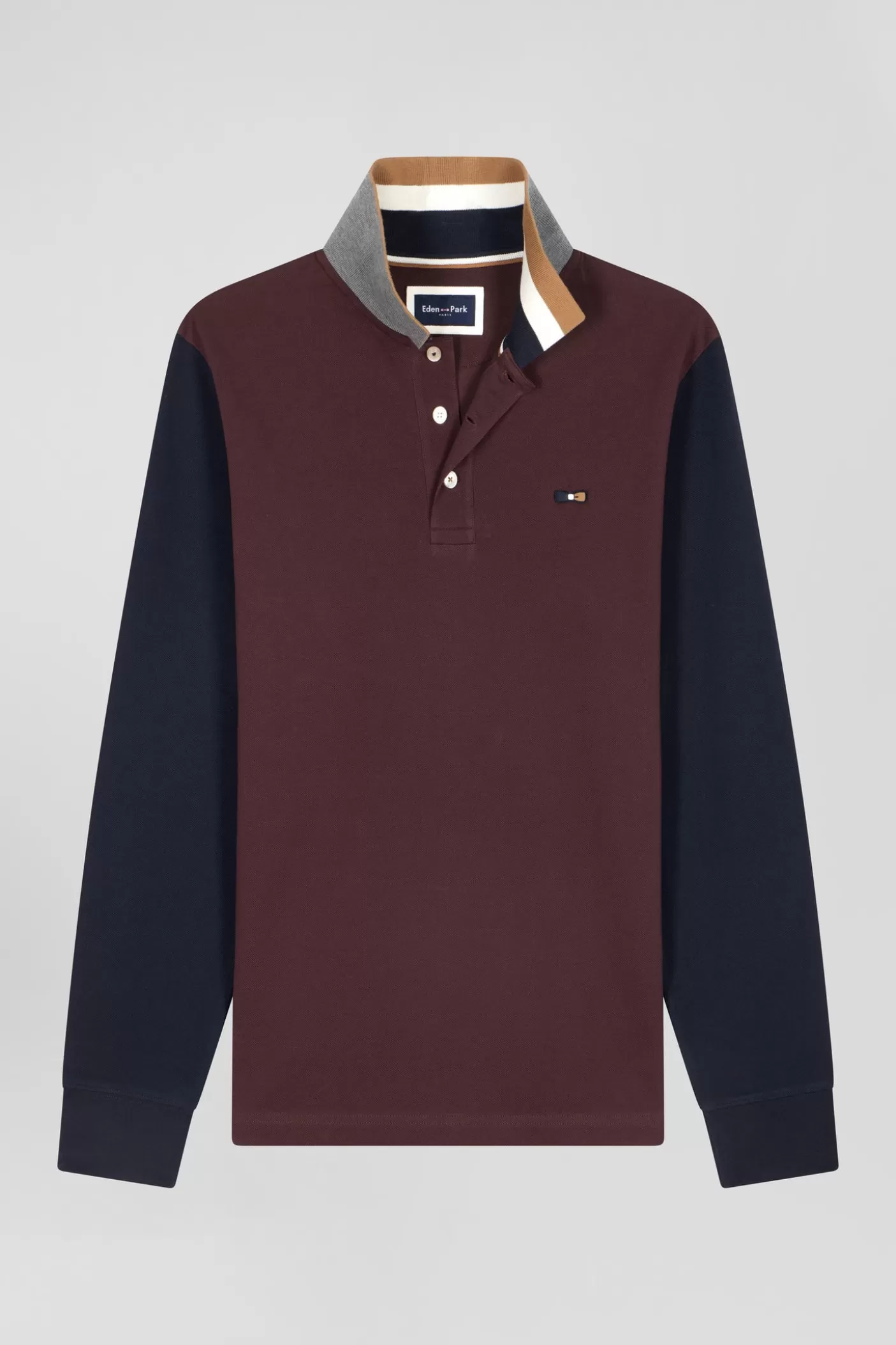 Best Sale Polo Manches Longues En Piqué Coton Bicolore Bordeaux Col Jacquard Coupe Regular Homme Polos