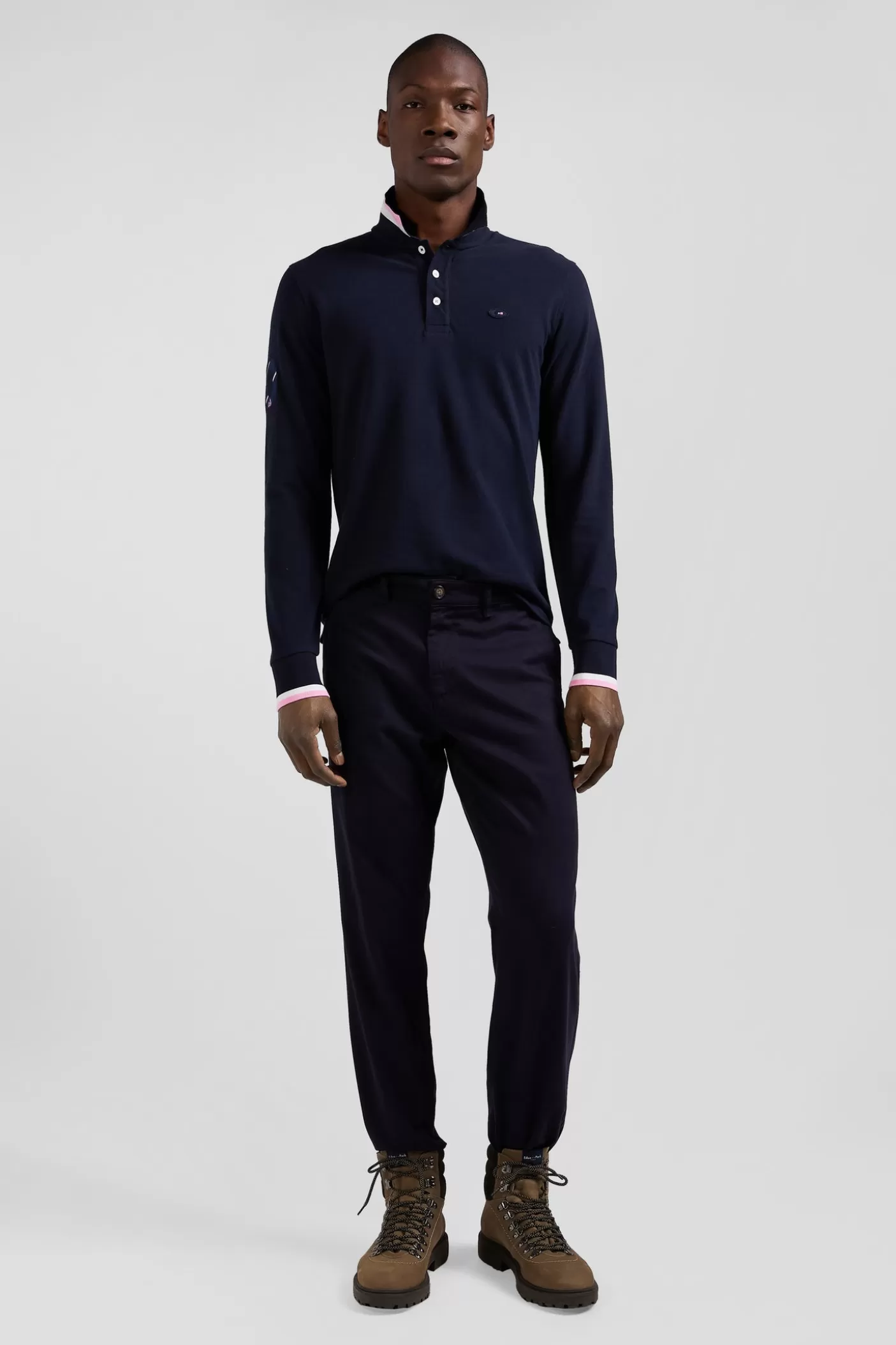 Fashion Polo Manches Longues En Piqué Coton Bleu Marine Broderie XV De France Coupe Regular Homme Polos