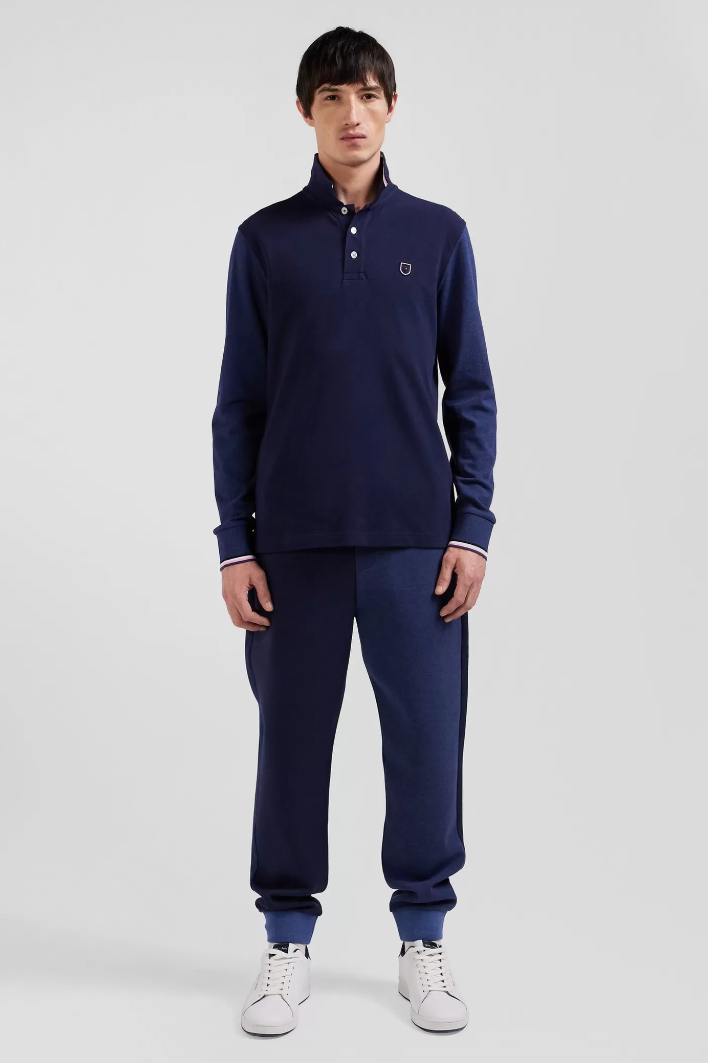 Best Polo Manches Longues En Piqué Coton Bleu Marine Col Jacquard écusson Gomme Coupe Regular Homme Polos