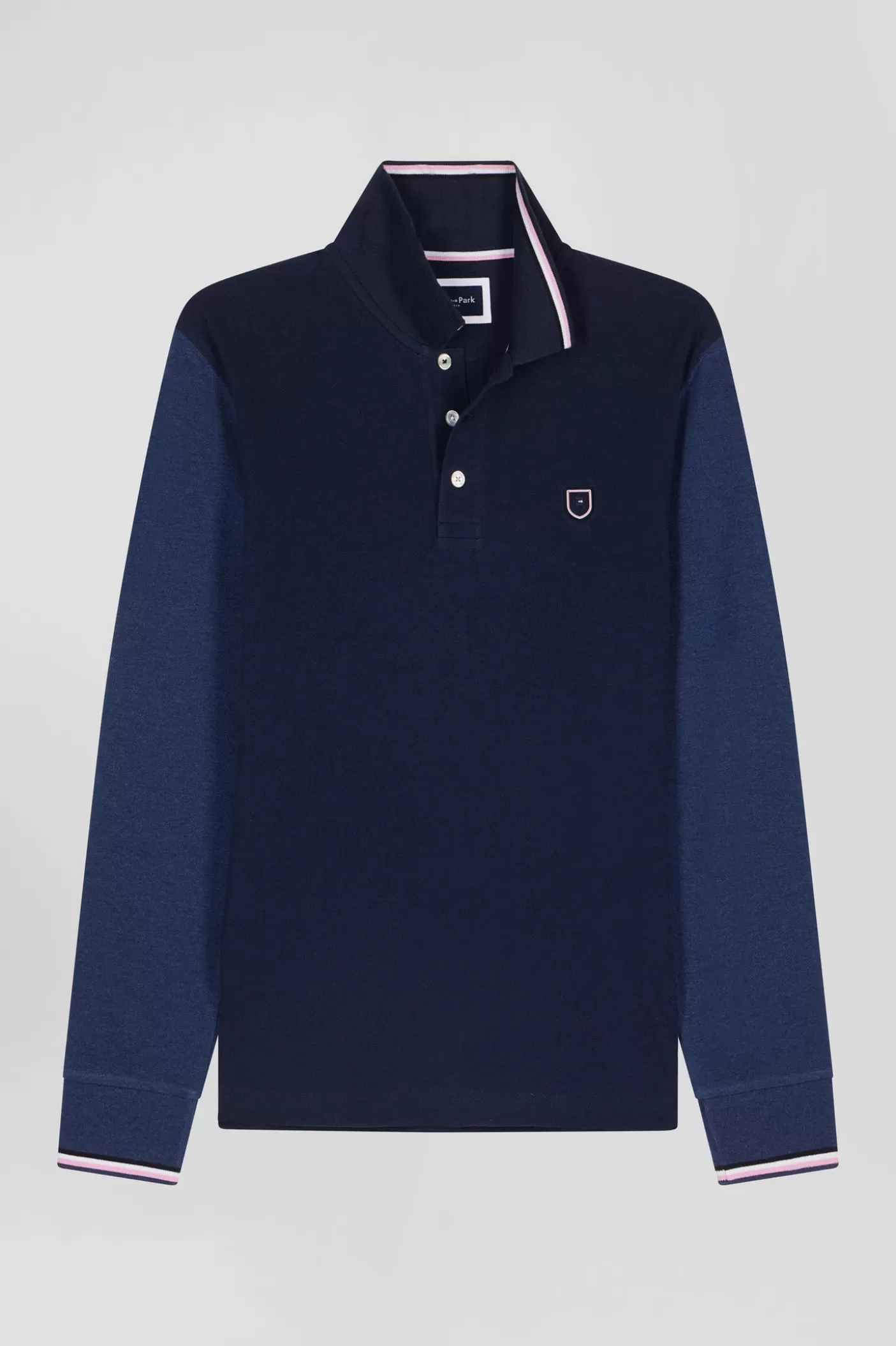 Best Polo Manches Longues En Piqué Coton Bleu Marine Col Jacquard écusson Gomme Coupe Regular Homme Polos