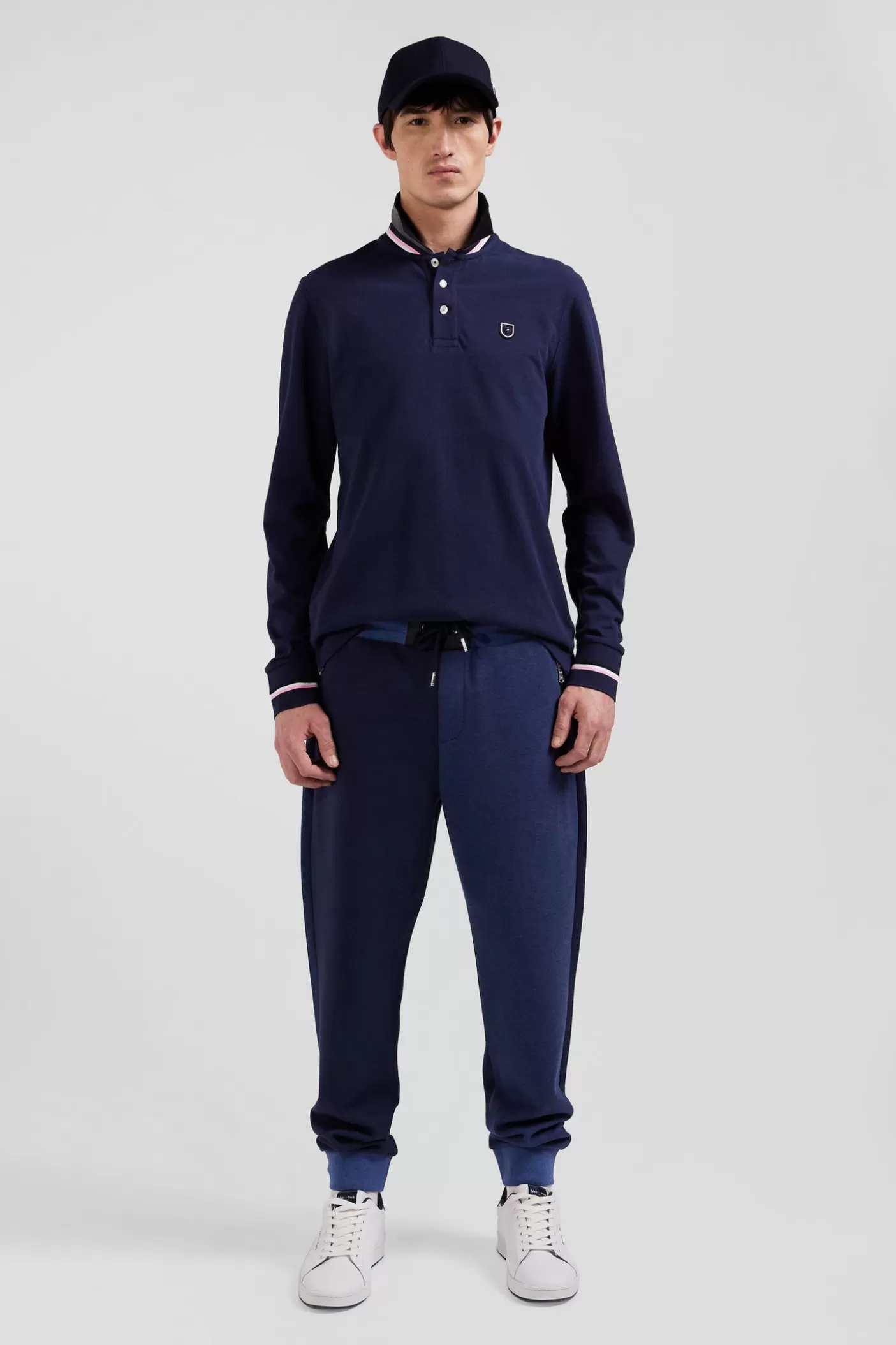 Sale Polo Manches Longues En Piqué Coton Bleu Marine écusson Gomme Coupe Regular Homme Polos