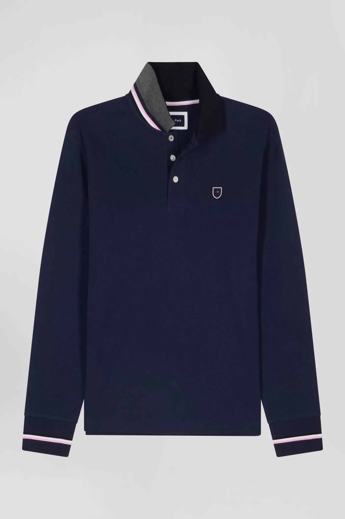 Sale Polo Manches Longues En Piqué Coton Bleu Marine écusson Gomme Coupe Regular Homme Polos
