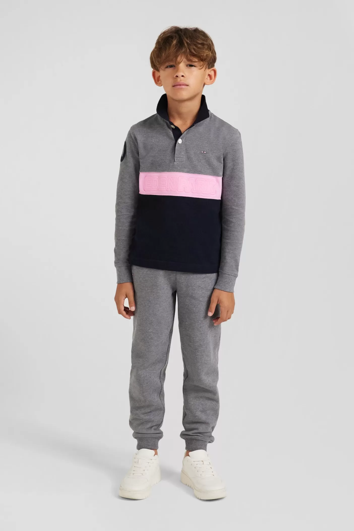 Best Sale Polo Manches Longues En Piqué Coton Gris Bande Rose Et Broderie 10 Coupe Regular Enfant Vêtements