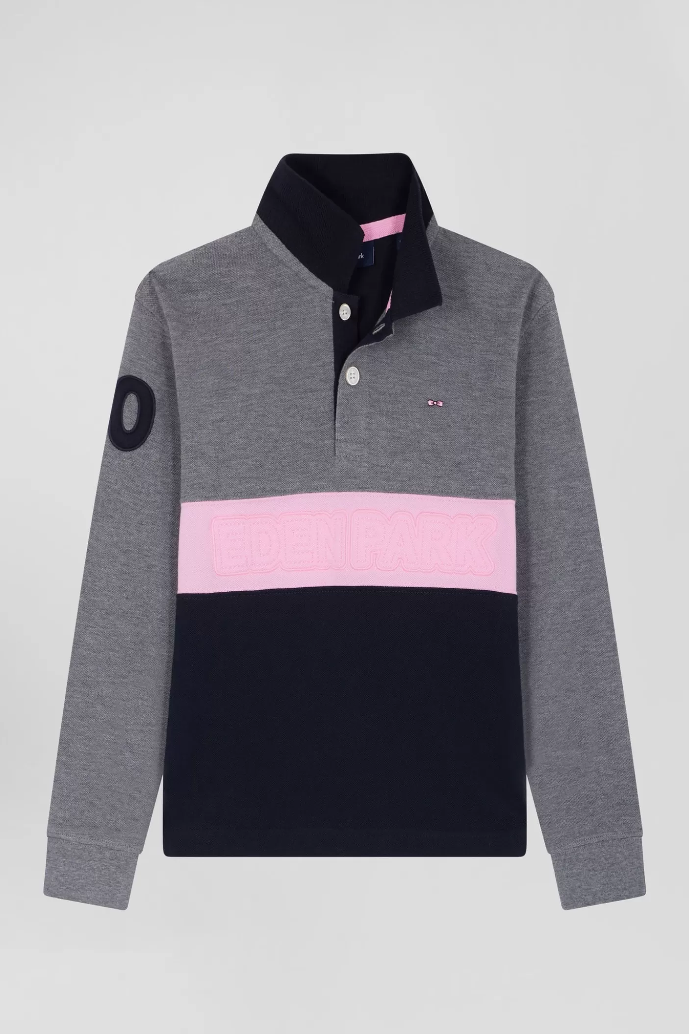 Best Sale Polo Manches Longues En Piqué Coton Gris Bande Rose Et Broderie 10 Coupe Regular Enfant Vêtements