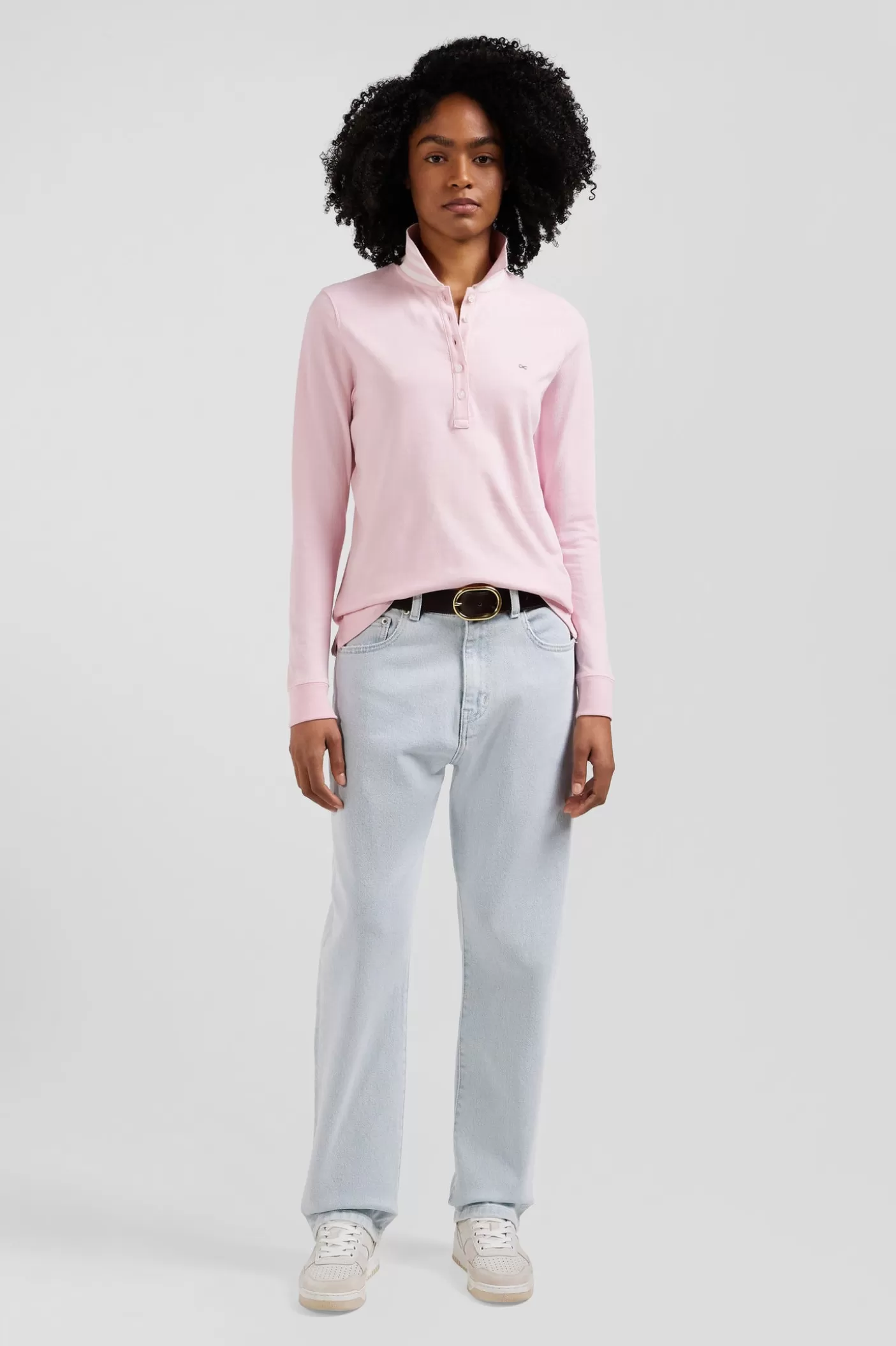 Outlet Polo Manches Longues En Piqué Coton Stretch Rose Coupe Slim Femme Polos