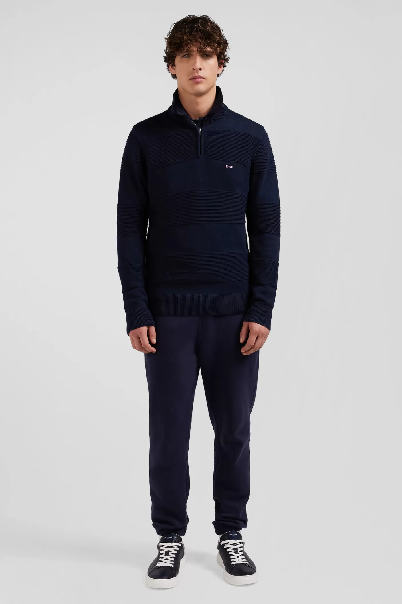 Discount Pull Col Camionneur En Coton Bleu Marine à Jeux De Maille Coupe Regular Homme Pulls