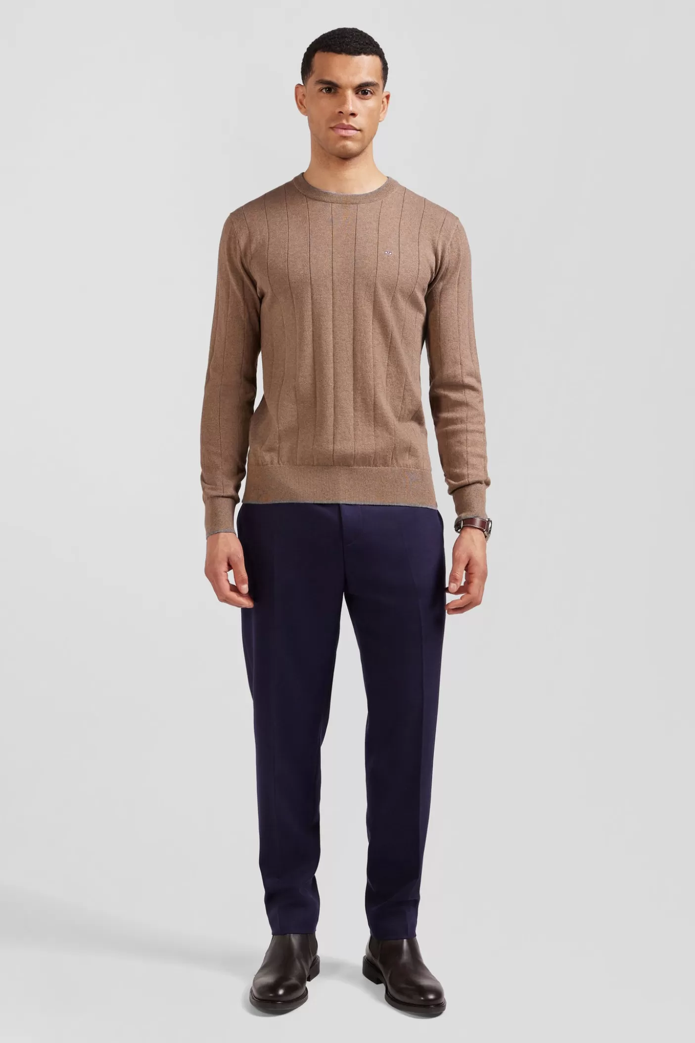 Best Pull Col Rond En Coton Et Cachemire Marron Coupe Regular Homme Pulls