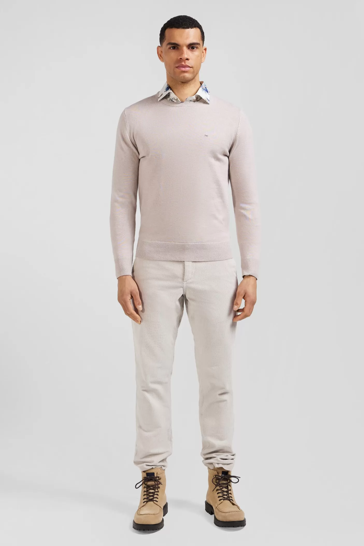 New Pull Col Rond En Laine Et Coton Beige Coupe Regular Homme Pulls