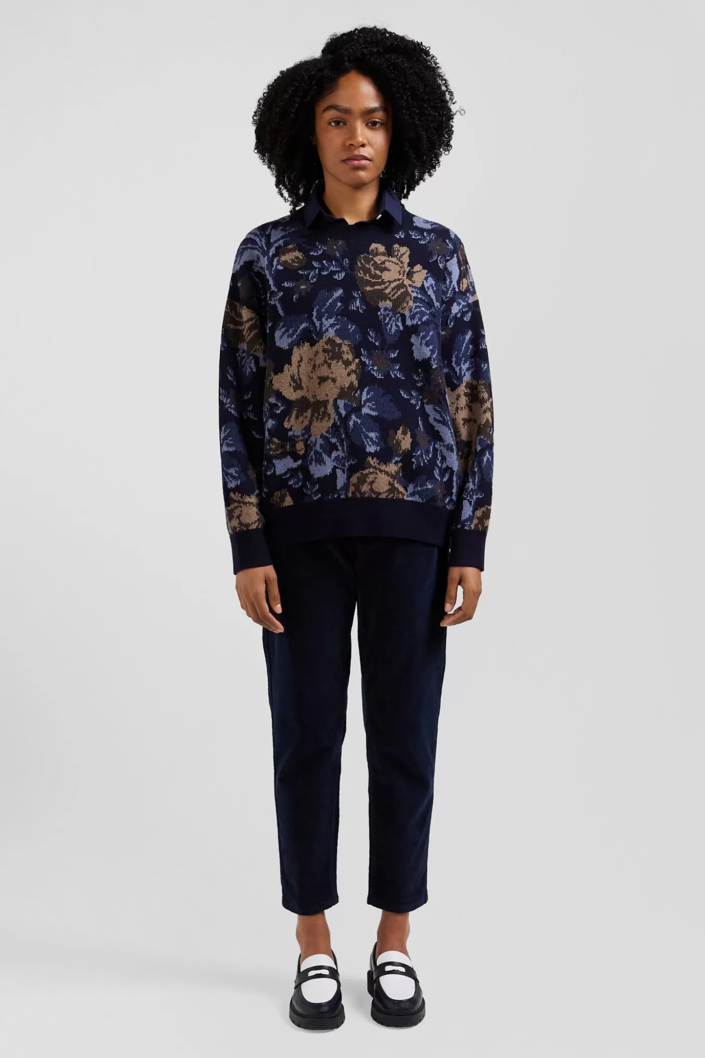 Best Pull Col Rond En Laine Et Coton Marine à Motifs Floraux Coupe Oversized Femme Pulls