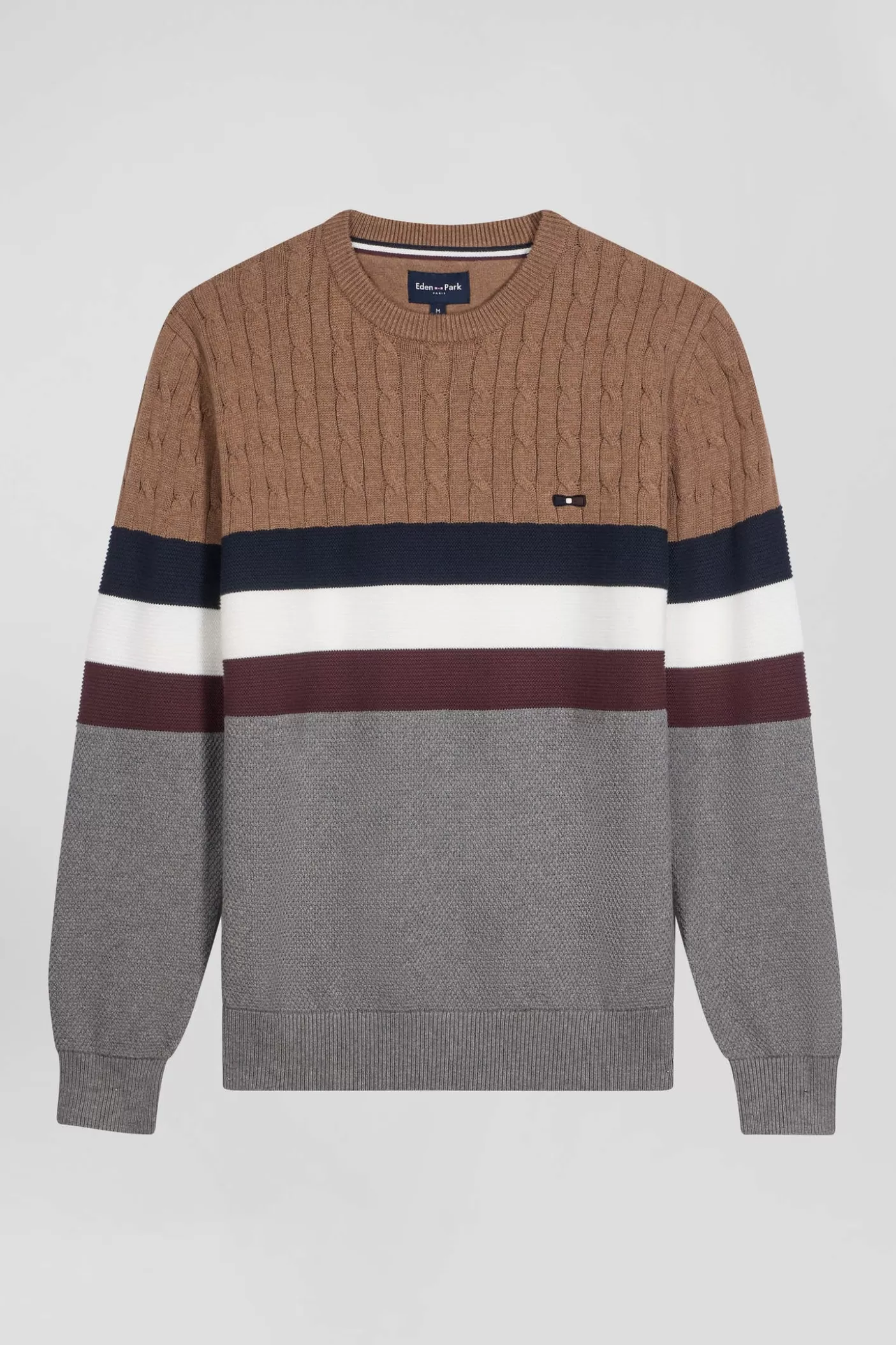 Outlet Pull Col Rond En Maille Coton Fantaisie Camel Coupe Regular Homme Pulls