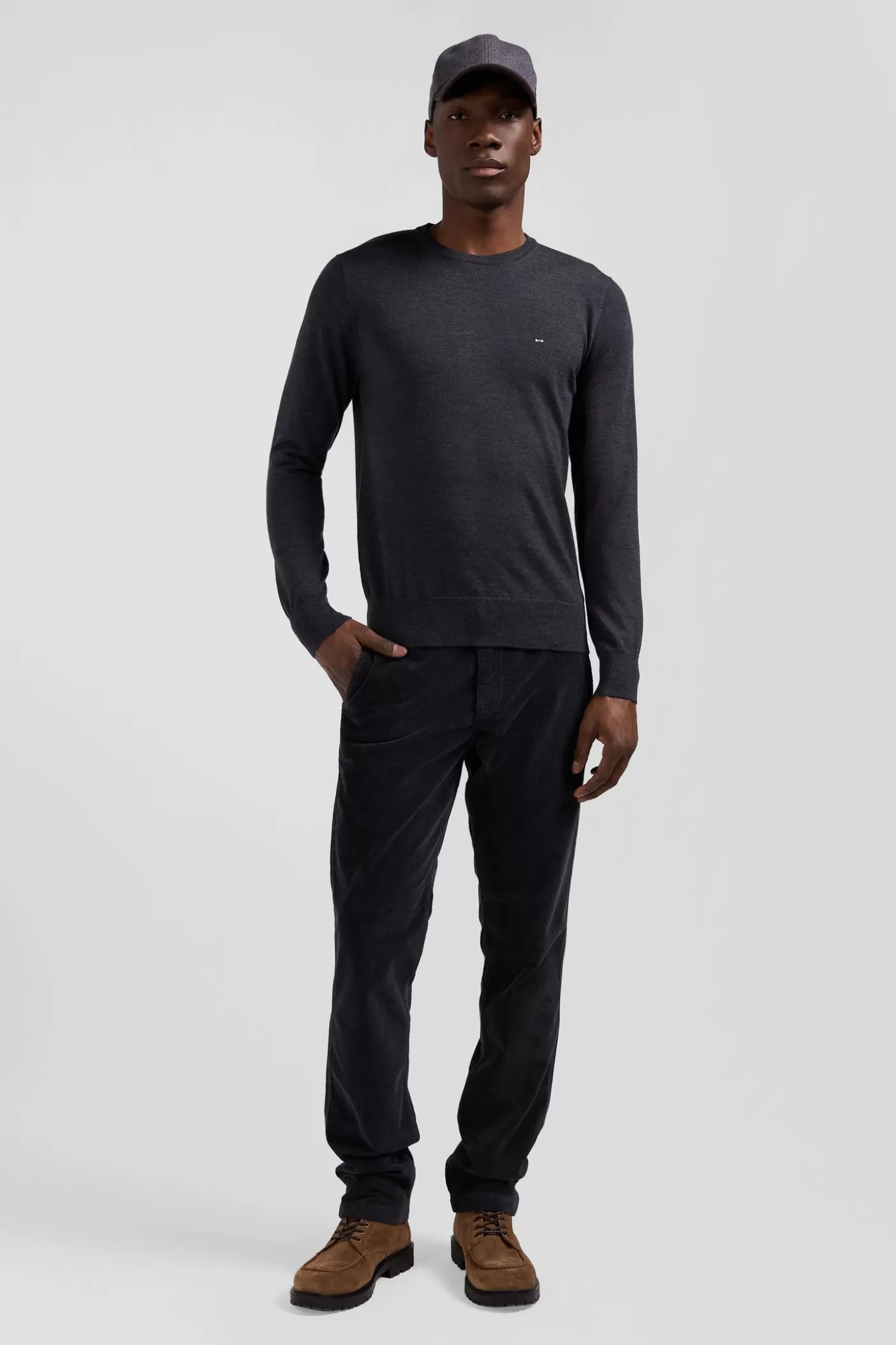 Clearance Pull Col Rond Uni En Laine Mérinos Gris Anthracite Coupe Regular Homme Pulls