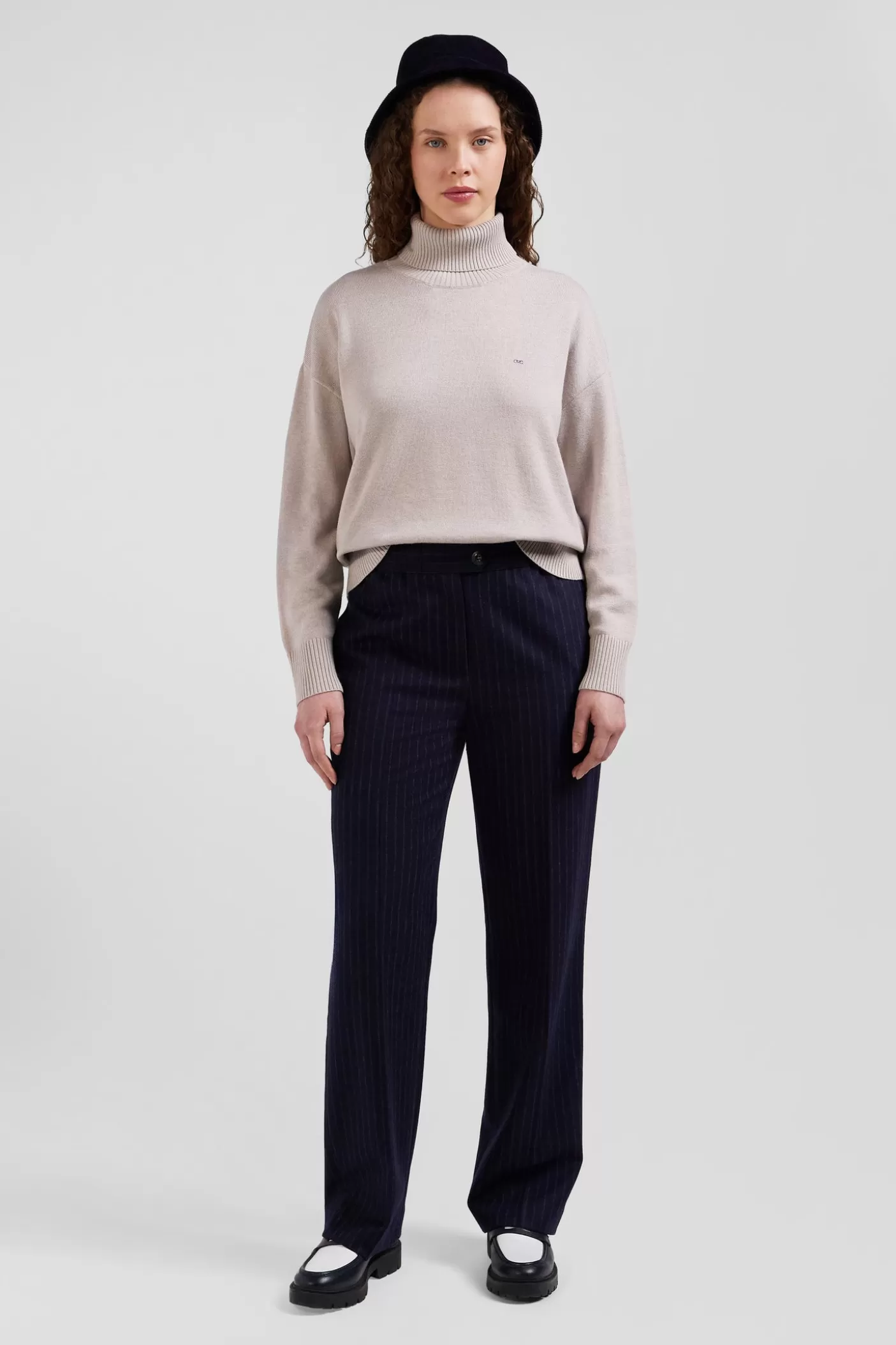 Cheap Pull Col Roulé En Laine Et Coton Beige Coupe Relaxed Femme Pulls