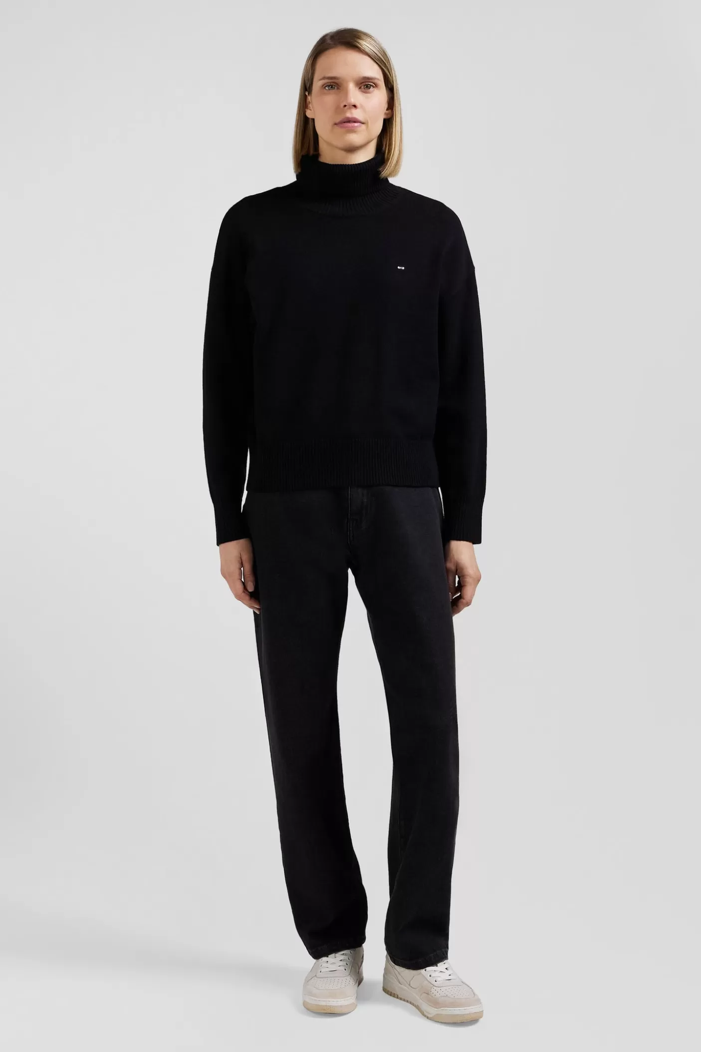 Cheap Pull Col Roulé En Laine Et Coton Noir Coupe Relaxed Femme Pulls