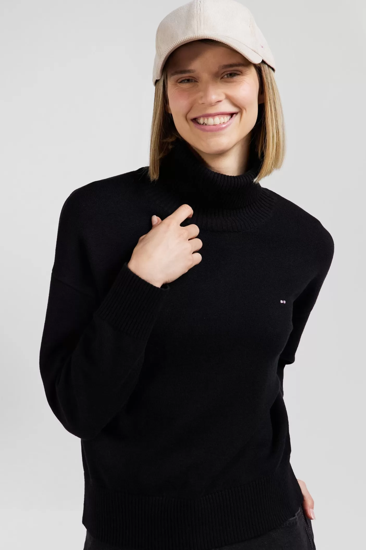 Cheap Pull Col Roulé En Laine Et Coton Noir Coupe Relaxed Femme Pulls