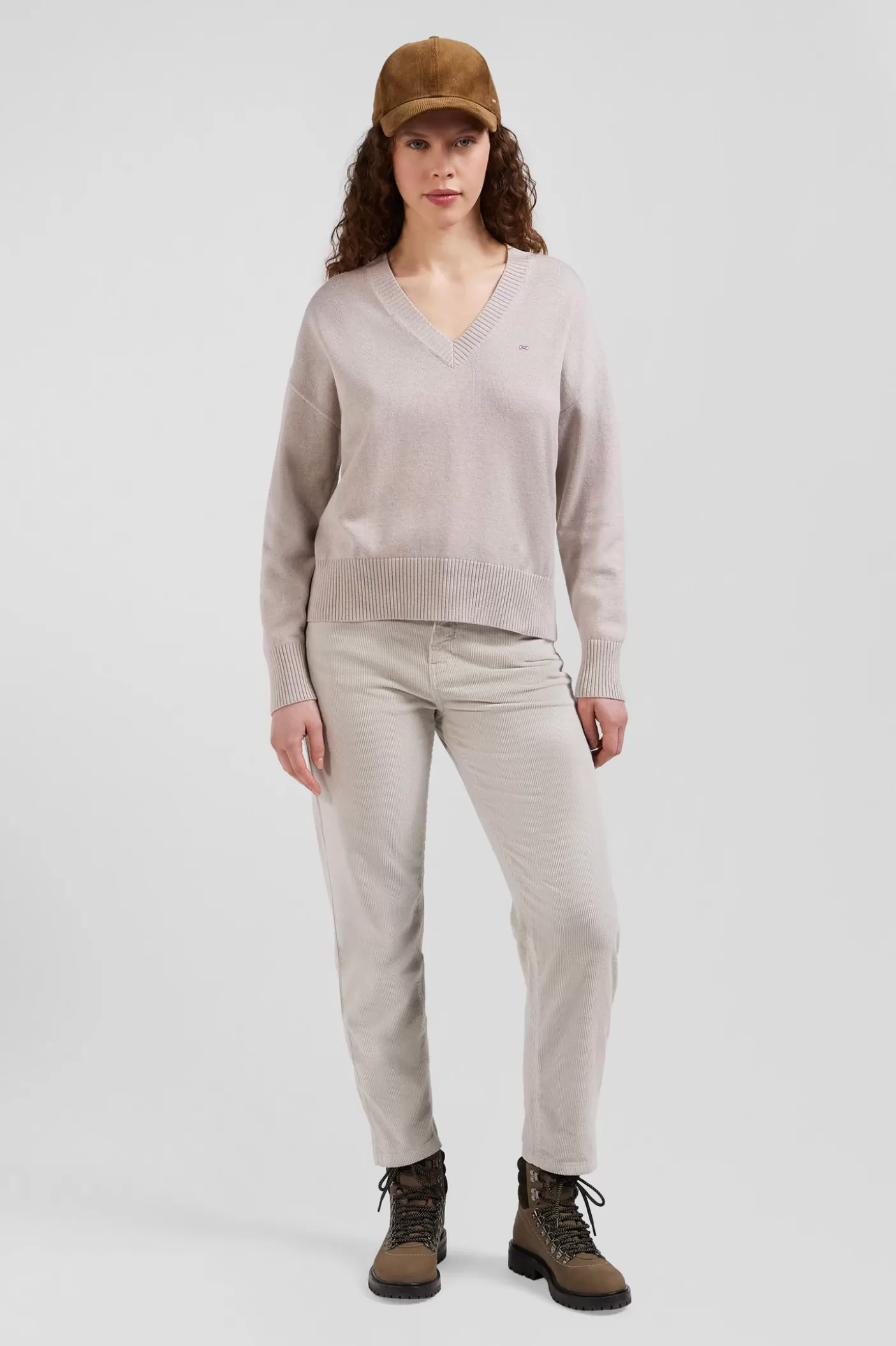 Fashion Pull Col V En Laine Et Coton Beige Coupe Relaxed Femme Pulls