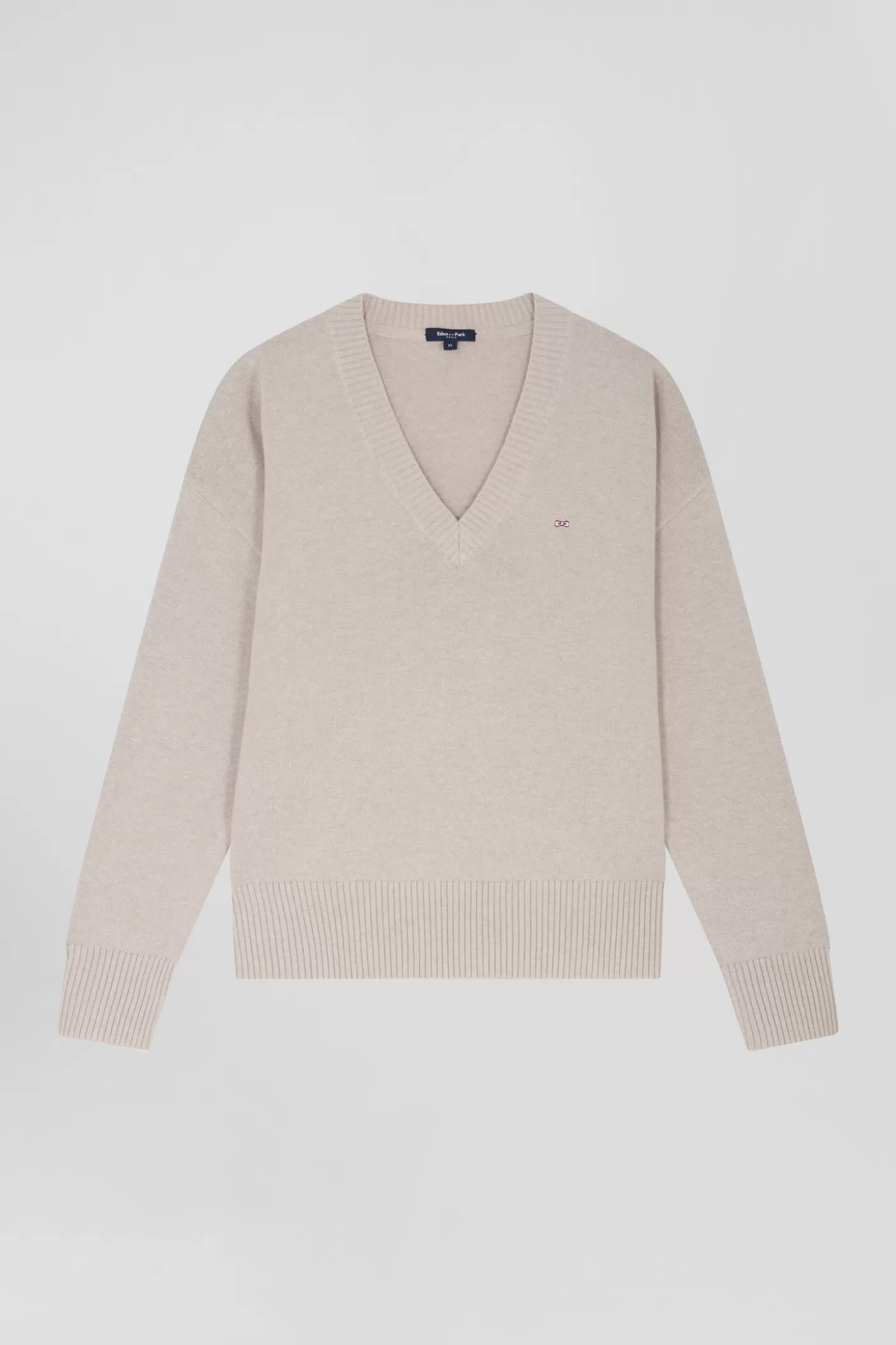 Fashion Pull Col V En Laine Et Coton Beige Coupe Relaxed Femme Pulls