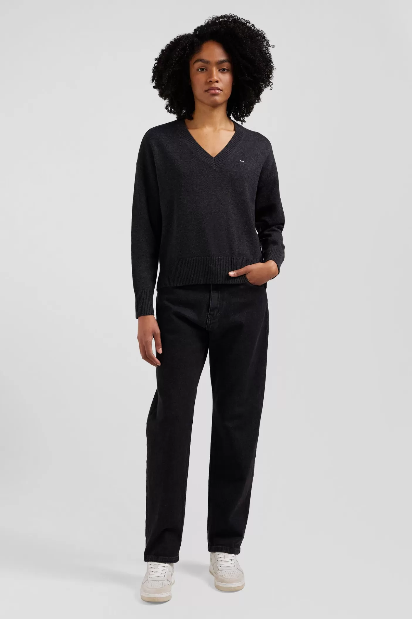 Best Sale Pull Col V En Laine Et Coton Gris Foncé Chiné Coupe Relaxed Femme Pulls