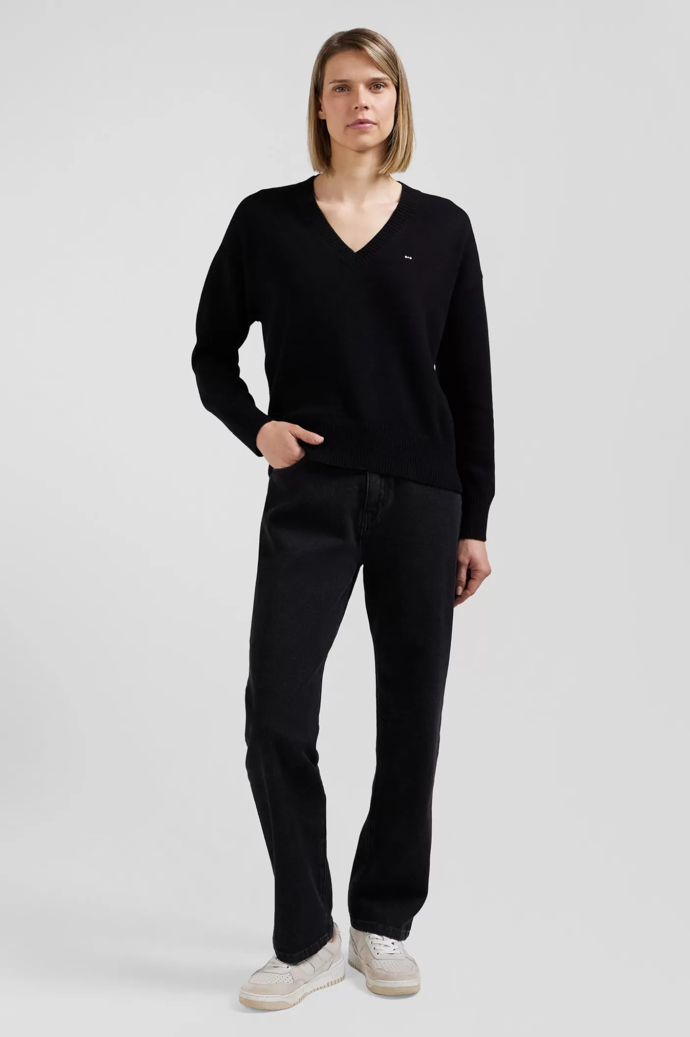 Fashion Pull Col V En Laine Et Coton Noir Coupe Relaxed Femme Pulls
