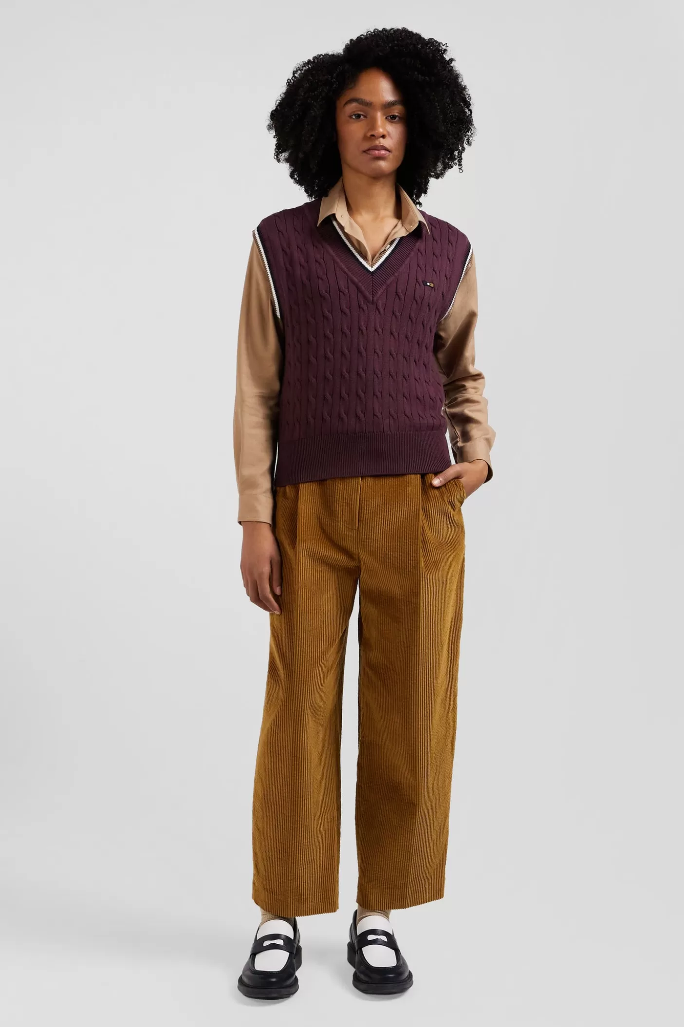Discount Pull Col V Sans Manches En Coton Torsadé Bordeaux Coupe Relaxed Femme Pulls