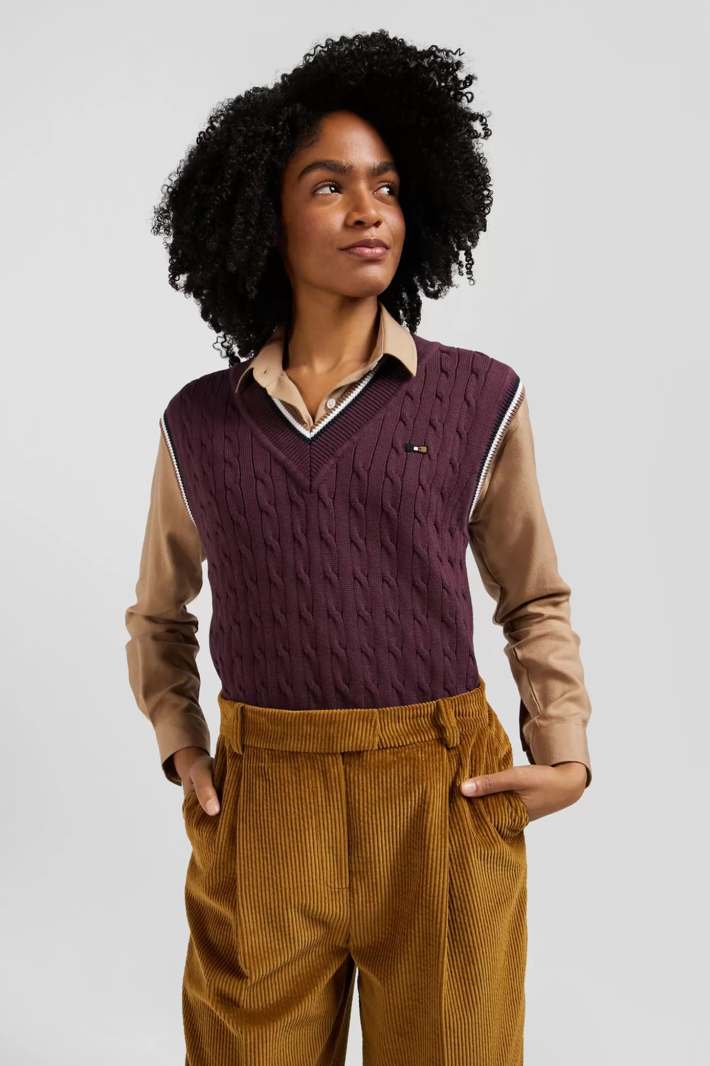 Discount Pull Col V Sans Manches En Coton Torsadé Bordeaux Coupe Relaxed Femme Pulls