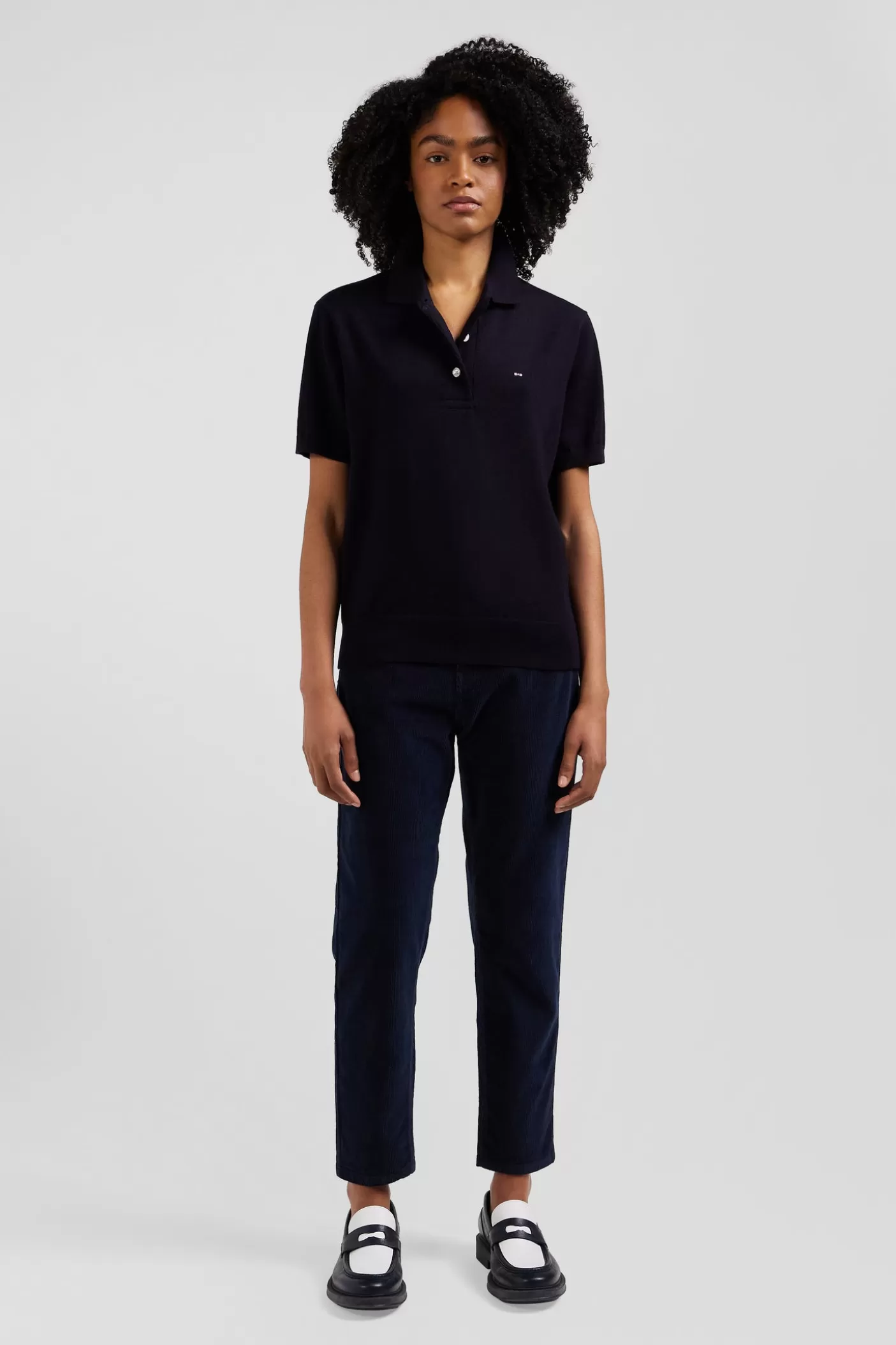 Discount Pull Manches Courtes à Col Polo En Laine Bleu Marine Coupe Regular Femme Pulls