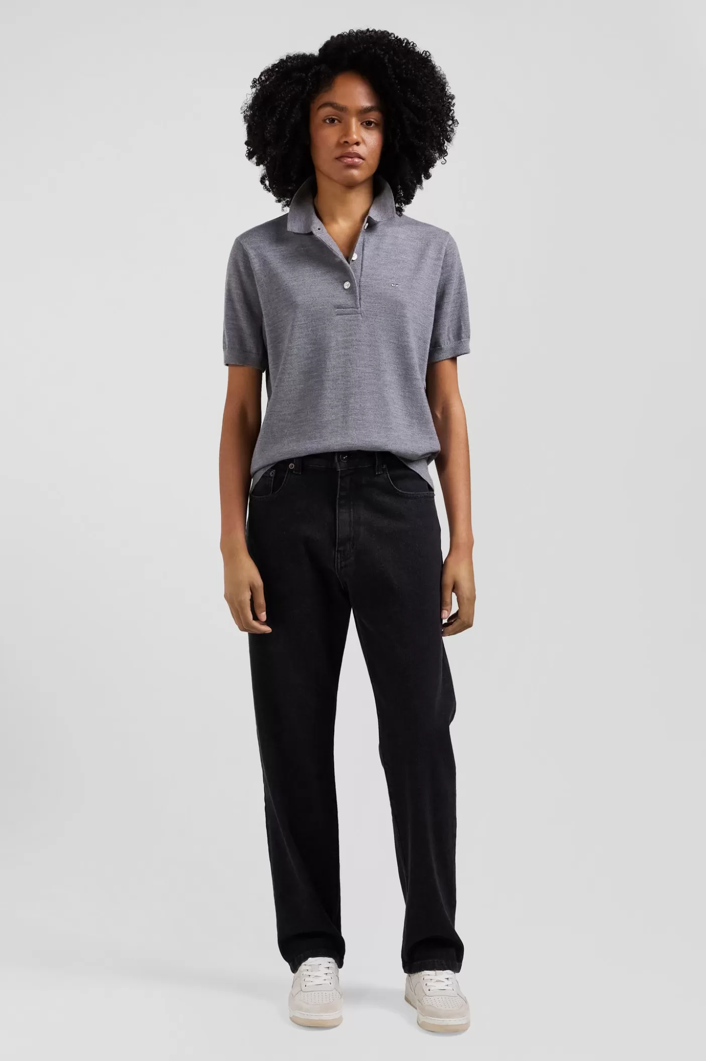 Discount Pull Manches Courtes à Col Polo En Laine Gris Foncé Coupe Regular Femme Pulls